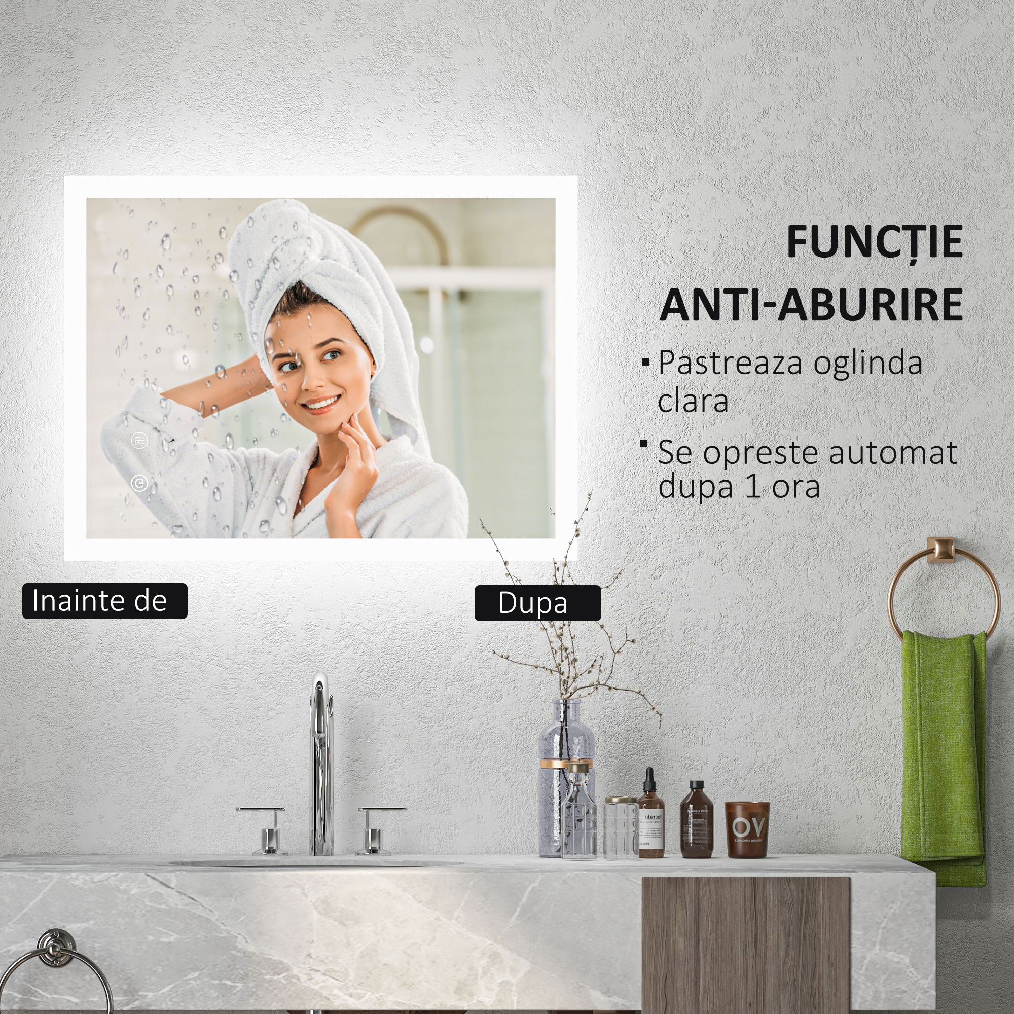 Oglinda de baie cu lumini LED reglabila, control tactil si functie anti-aburire, 70x50 cm [5]