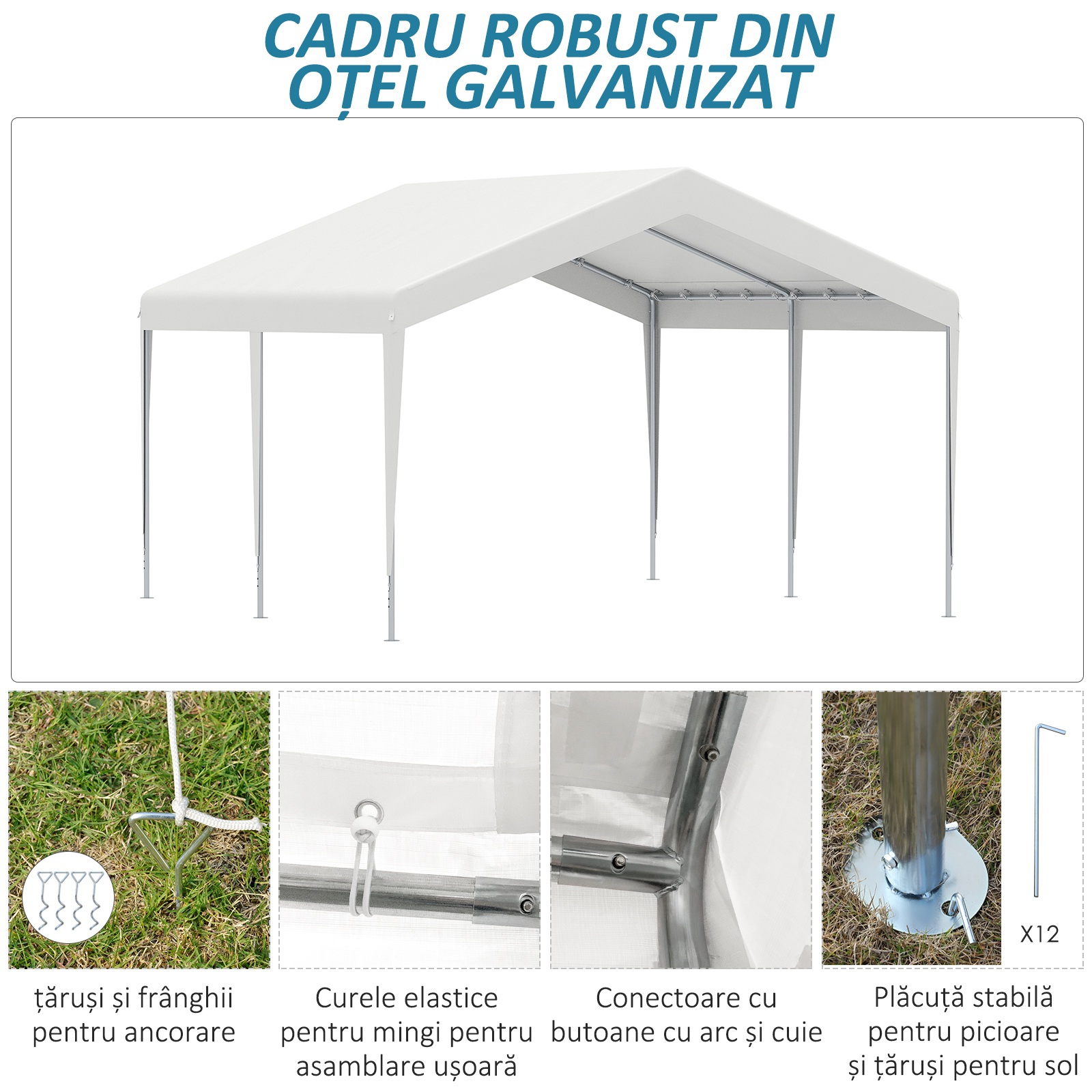  Foisor 4x4m cu Acoperis de Protectie impotriva Razelor UV, Ploaie si Vant pentru Vehicule, Nunti si Petreceri - Alb [3]