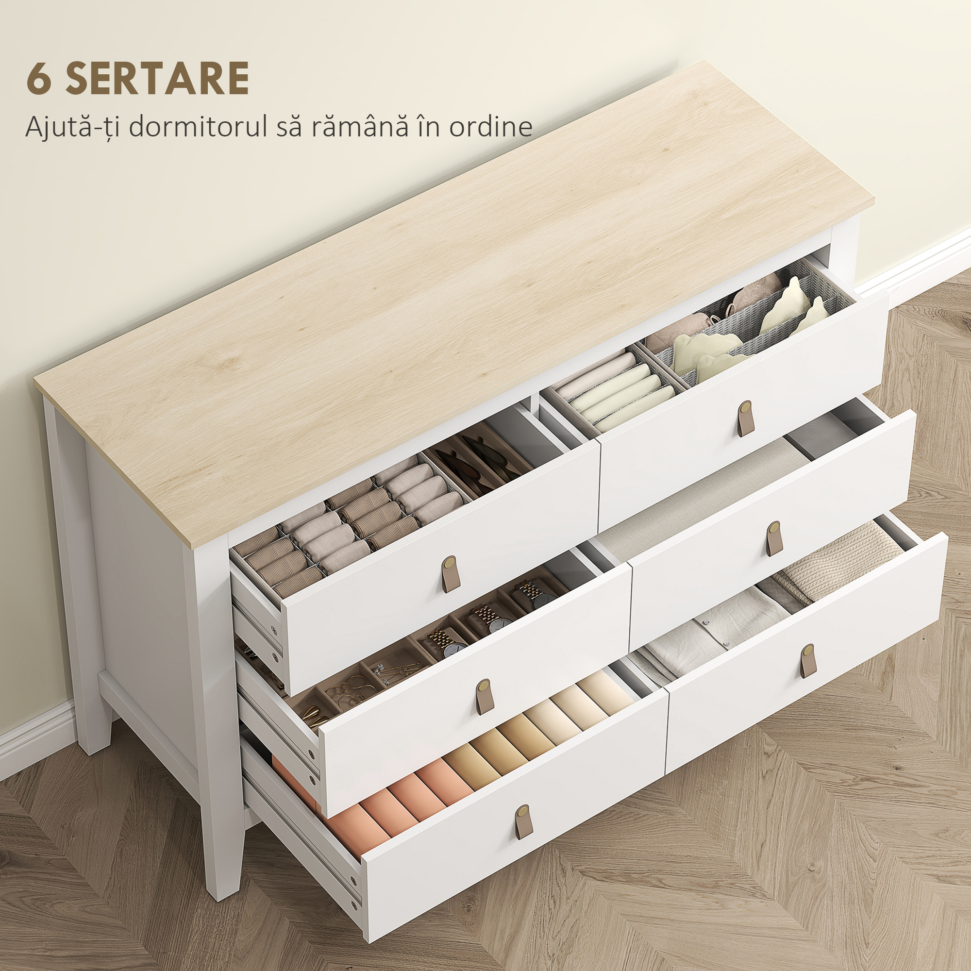  Comoda pentru Dormitor cu 6 Sertare si Manere din Piele Ecologica, 120x40x78 cm, Alba [3]