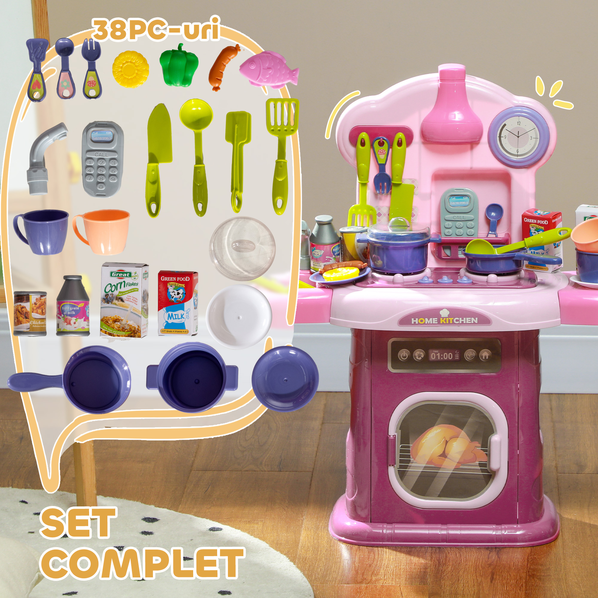  Bucatarie de jucarie pentru copii 3-6 ani cu 38 de accesorii si sunete realiste, din PP si ABS, 51x21x60 cm, roz [5]