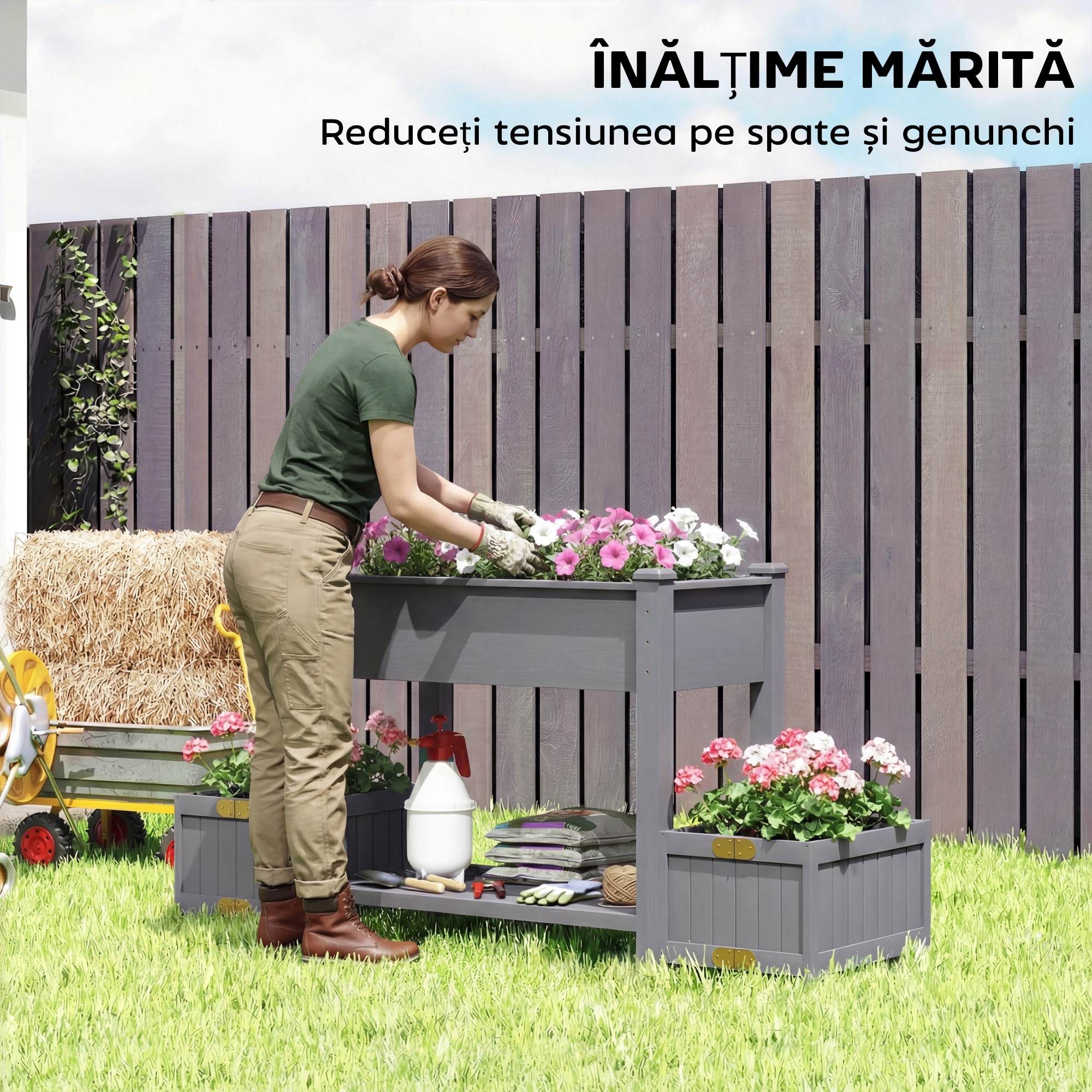  Jardiniera Ridicata cu 2 Ghivece Laterale si Raft pentru Unelte, din Lemn de Brad, 149x46x76 cm, Gri [5]