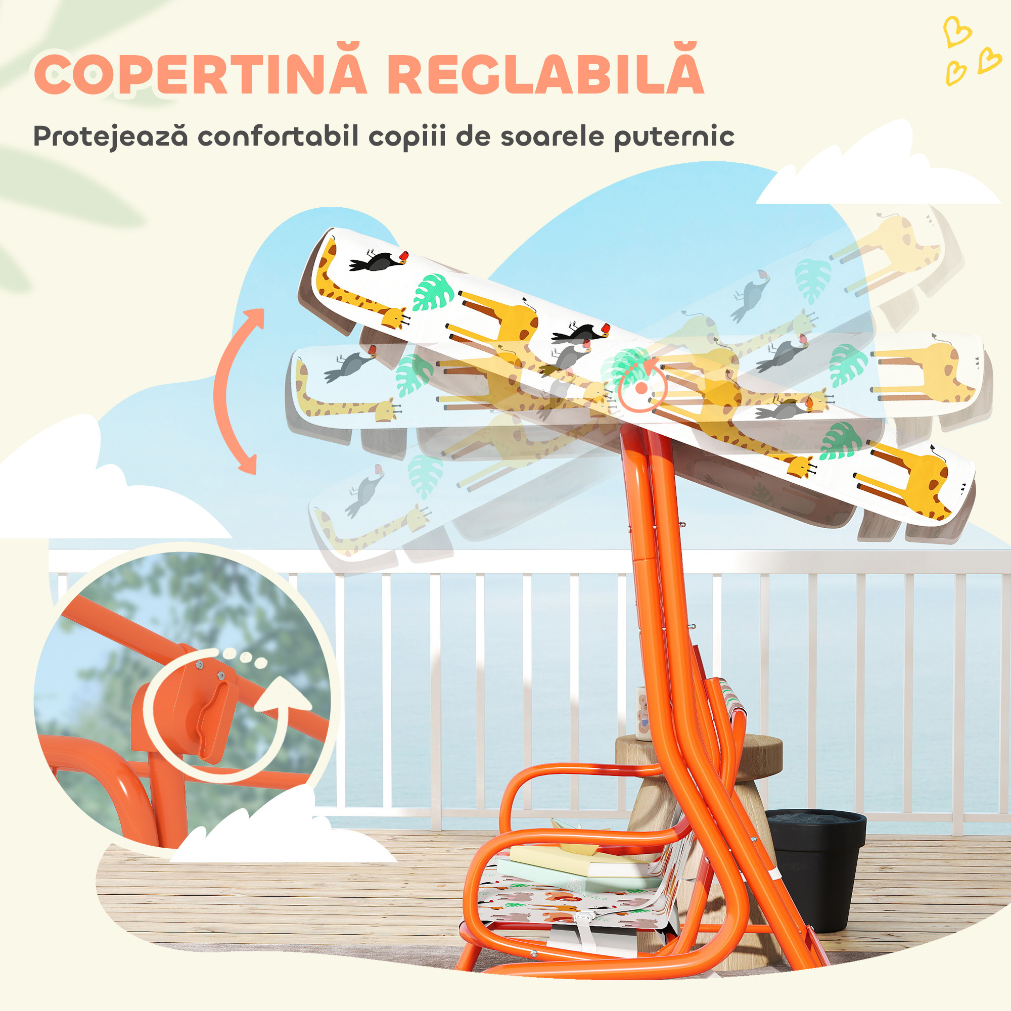  Leagan pentru Copii cu 2 Locuri, Acoperis Reglabil si Curele de Siguranta, Leagan pentru Gradina si Interior din Otel si Material Oxford, Max 60 kg, 112x75x120 cm, Portocaliu [3]