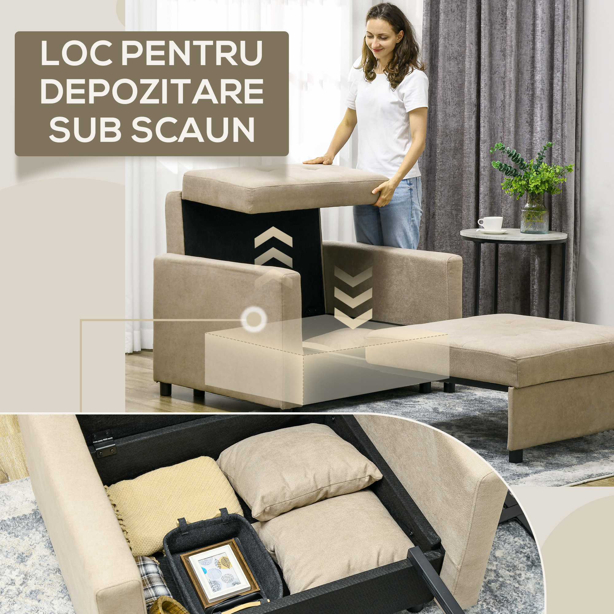  Fotoliu Pat Individual cu 2 Perne si Spatiu de Depozitare, Canapea Extensibila, 100x98x88 cm, Maro Deschis [5]