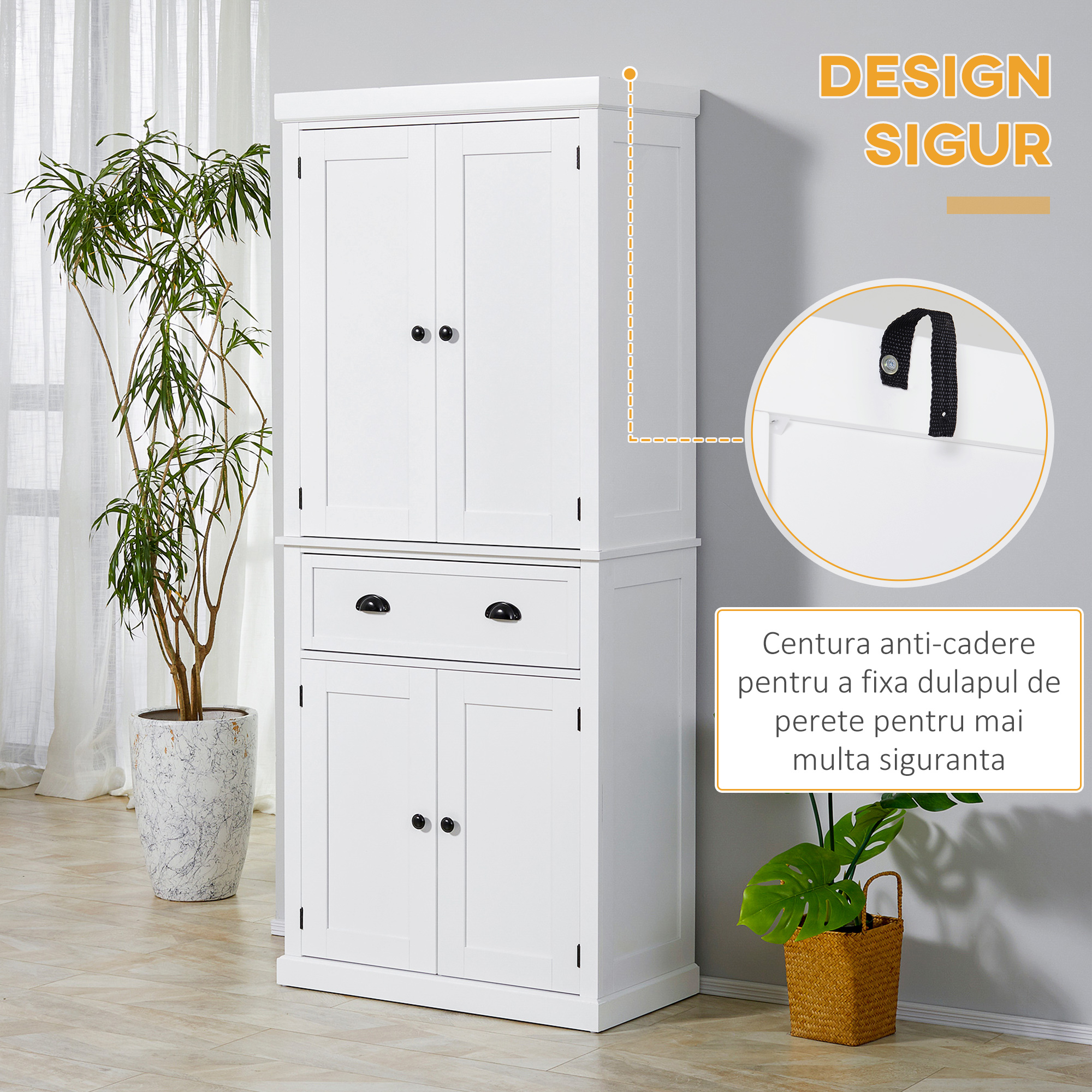  Dulap de bucatarie cu dulap superior si inferior si sertar central din MDF, placi aglomerate si metal, 76x40,5x184cm, alb [5]