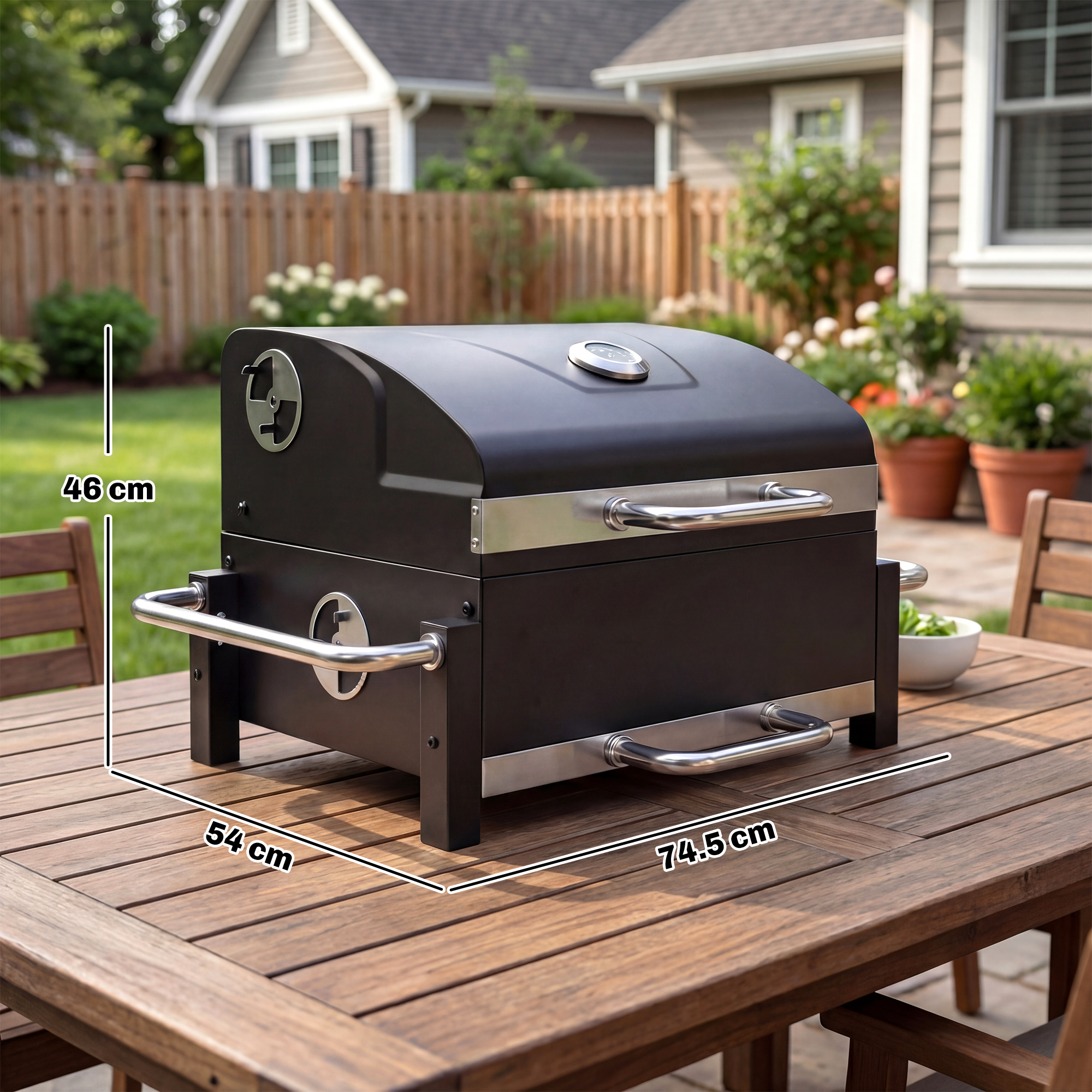  Gratar Pe Carbuni cu Orificii de Ventilatie, Sertar pentru Cenusa, Gratar Portabil cu Termometru, Gratare, Capac, Maner din Otel Inoxidabil, BBQ pe Carbuni pentru Gradina Camping, Negru [2]