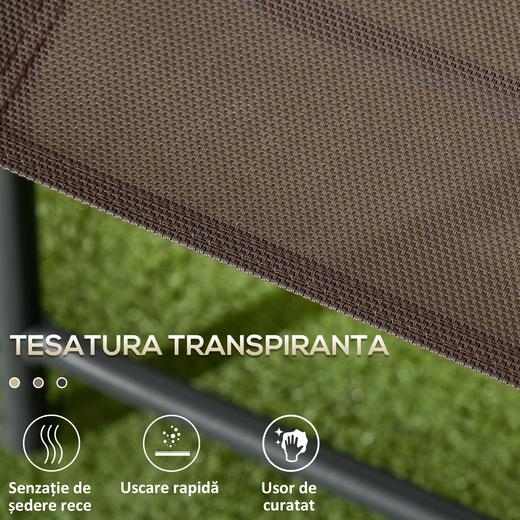  Set de Gradina 3 Piese cu 2 Scaune Pliabile si Masa Rotunda, Set Mobilier de Exterior din Metal si Sticla, Maro [5]