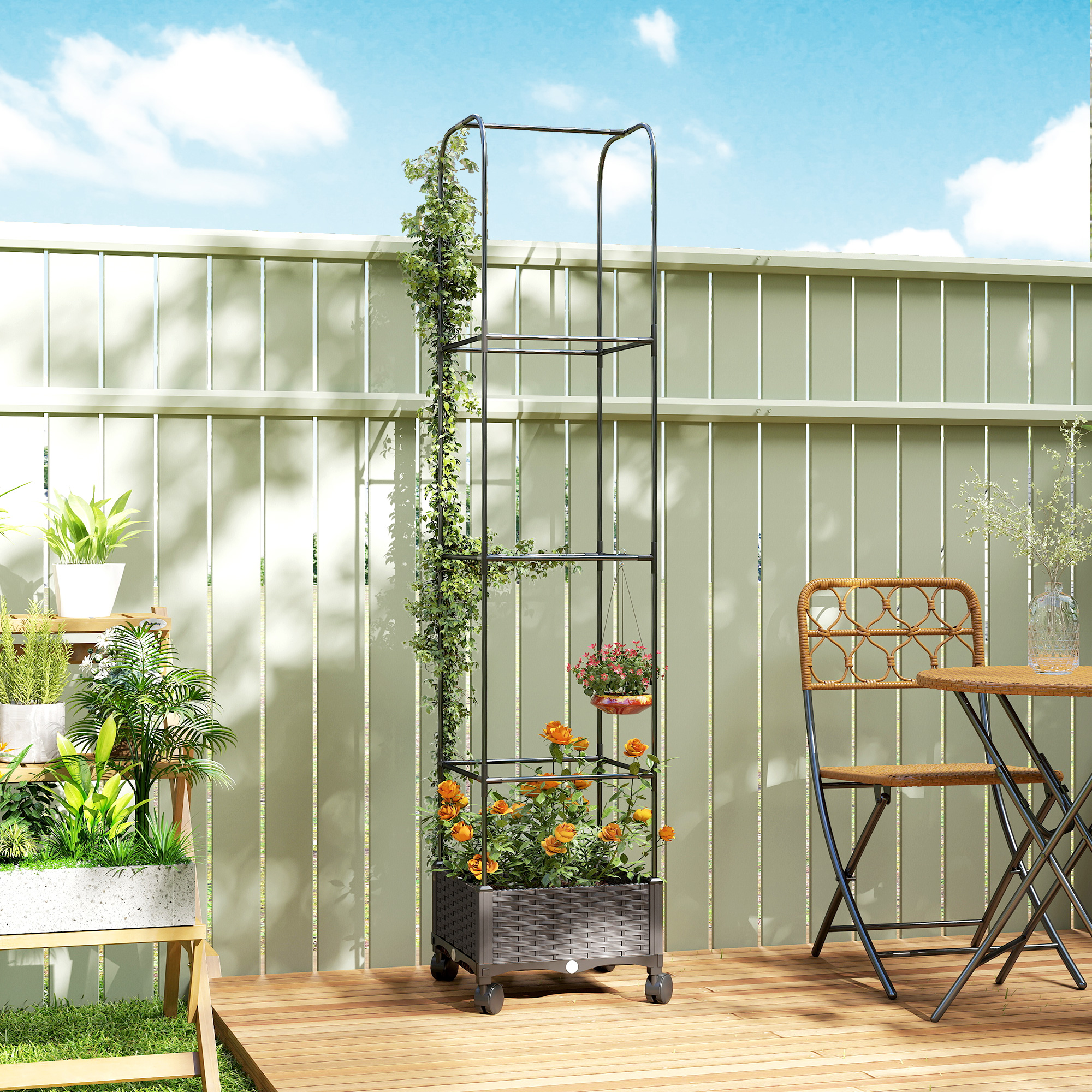  Jardiniera inaltata Autoiriganta din Metal cu Spalier de 185 cm, cu 4 Roti Blocabile pentru Plante Cataratoare, Recipient cu Gauri de Drenaj pentru Legume si Flori, Negru [1]