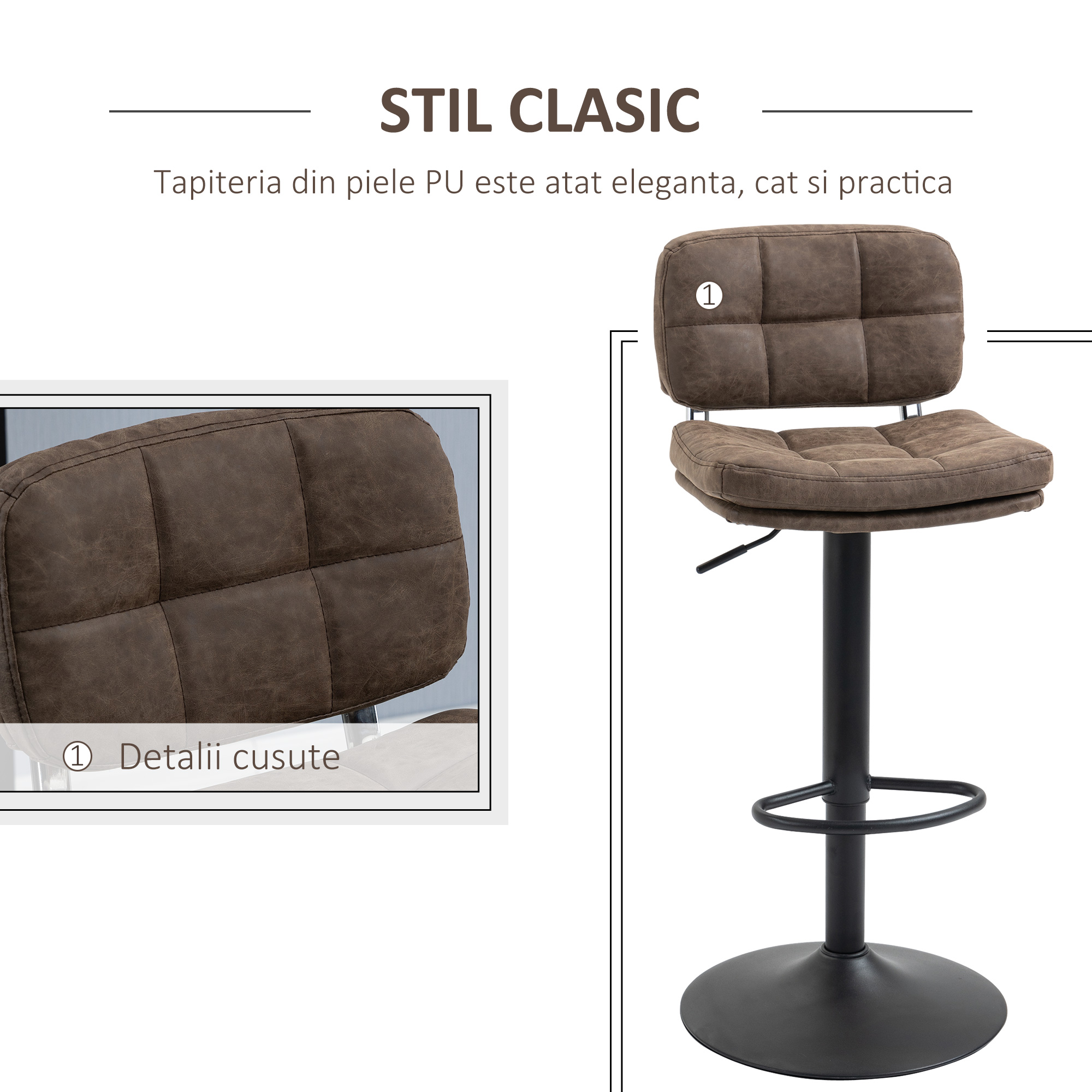  Set 2 Scaune de Bar Pivotante din Imitatie de Piele Inaltime Reglabila Negru [5]