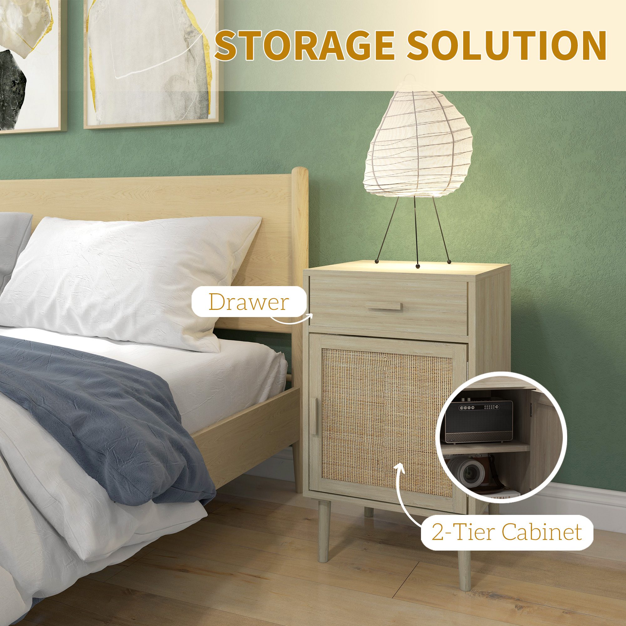  Set 2 Noptiere pentru Dormitor cu Sertar si Usa din Ratan, Stil Boho, Culoare Lemn [8]