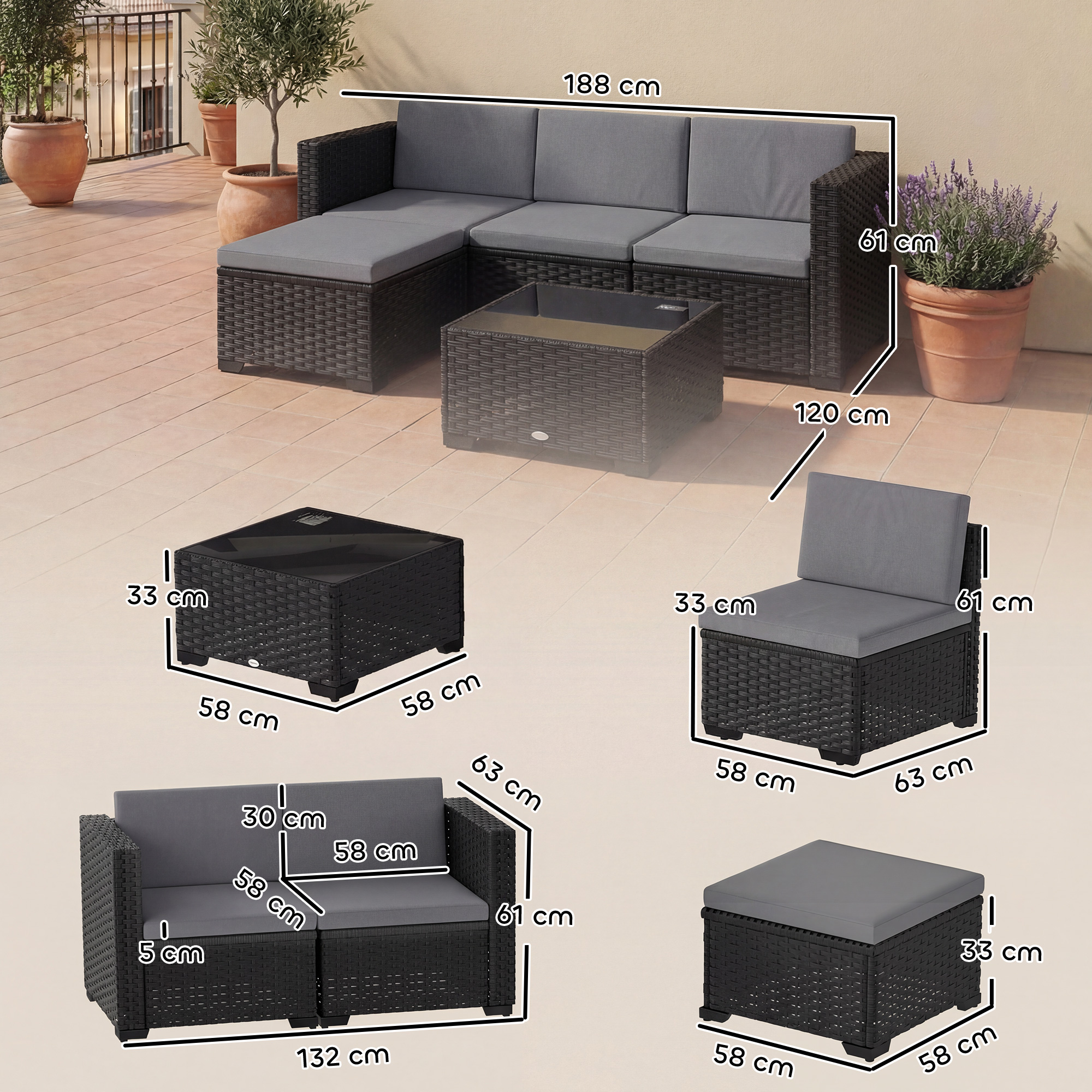  Set Modular de Gradina din Rattan cu Perne, Canapea de Colt Gri, 5 Piese [2]