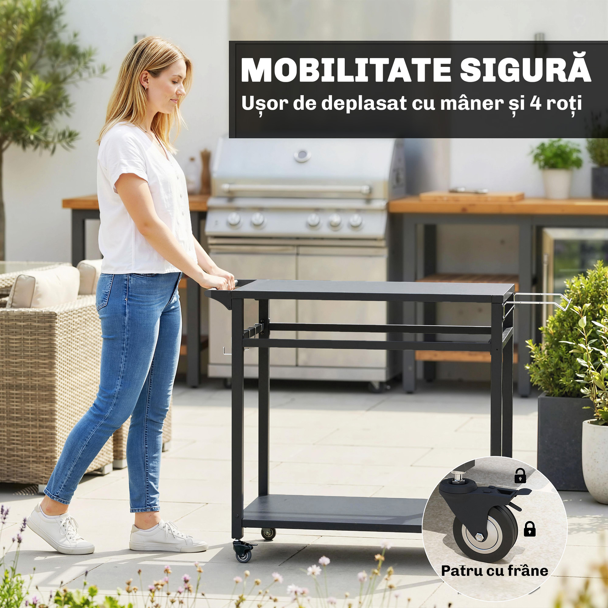  Carucior pentru Gratar, 2 Rafturi, Suport Pizza, Suport Saci si Carlige, Negru. [5]