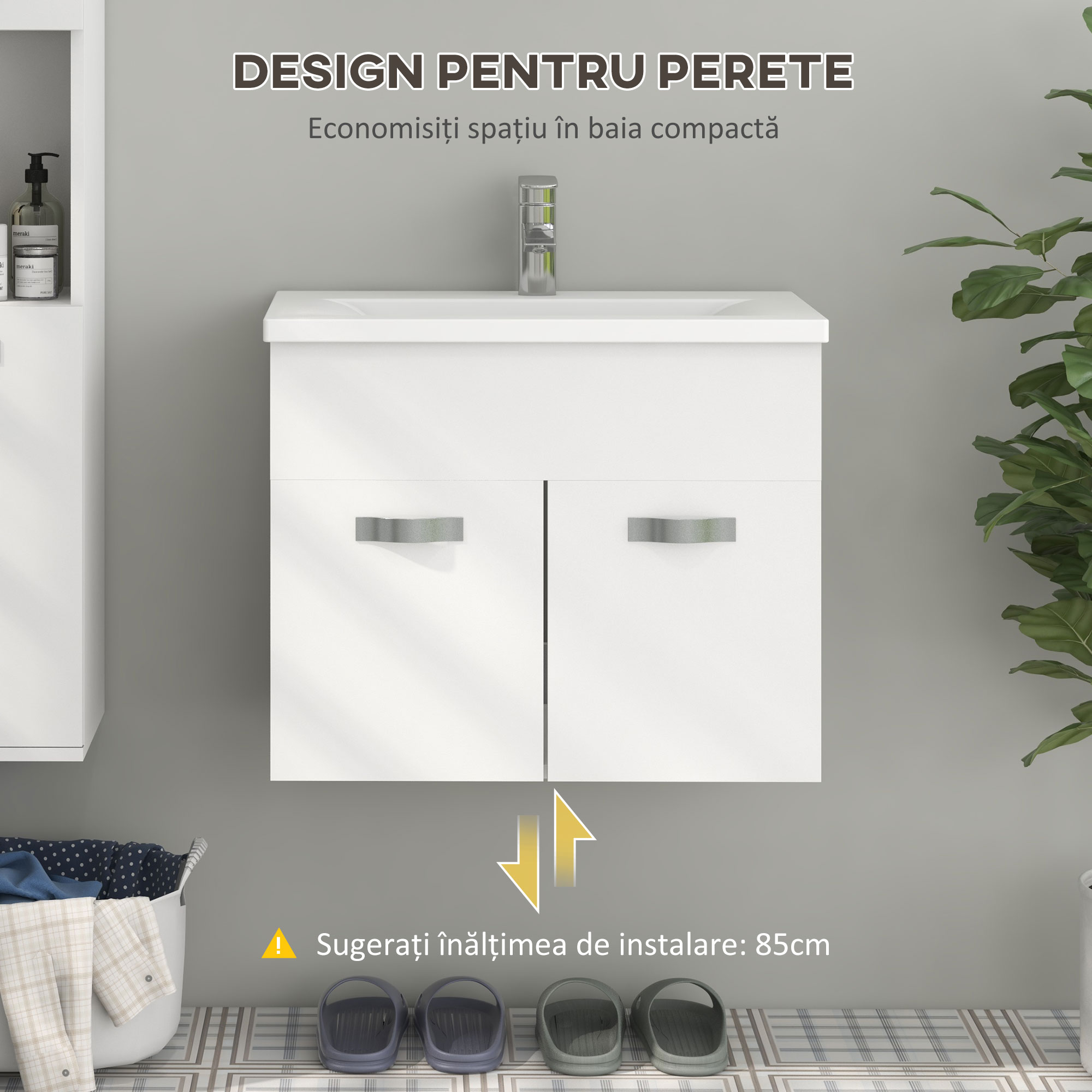  Dulap de Baie Suspendat cu Chiuveta, Dulap cu 2 Usi cu Chiuveta si Balamale Amortizate, 61x40x50 cm, Alb Lucios [3]