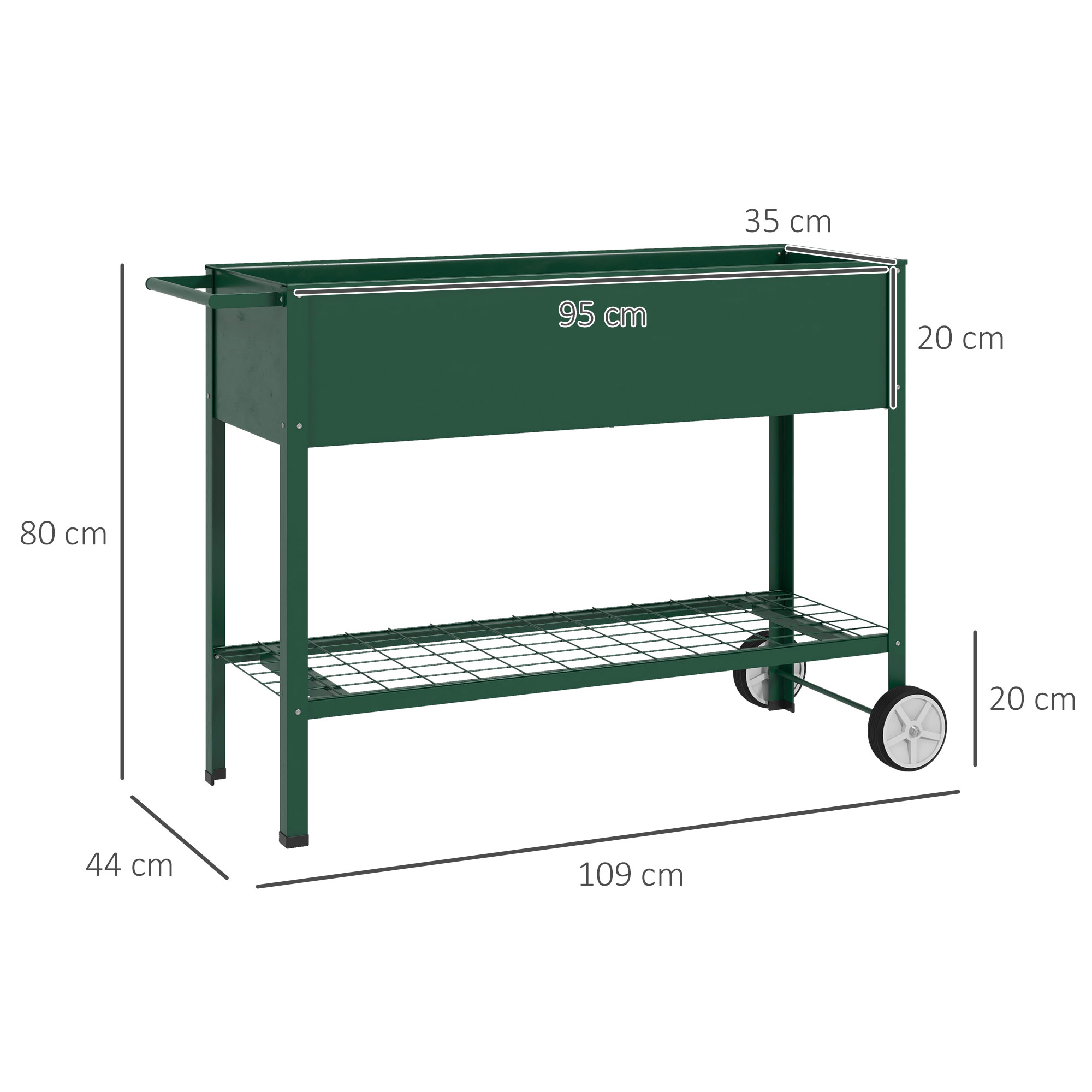  Jardiniera Exterioara cu Raft Inferior pentru Unelte, Jardiniera Metalica cu 2 Roti si Maner, 109x44x80 cm, Verde [2]