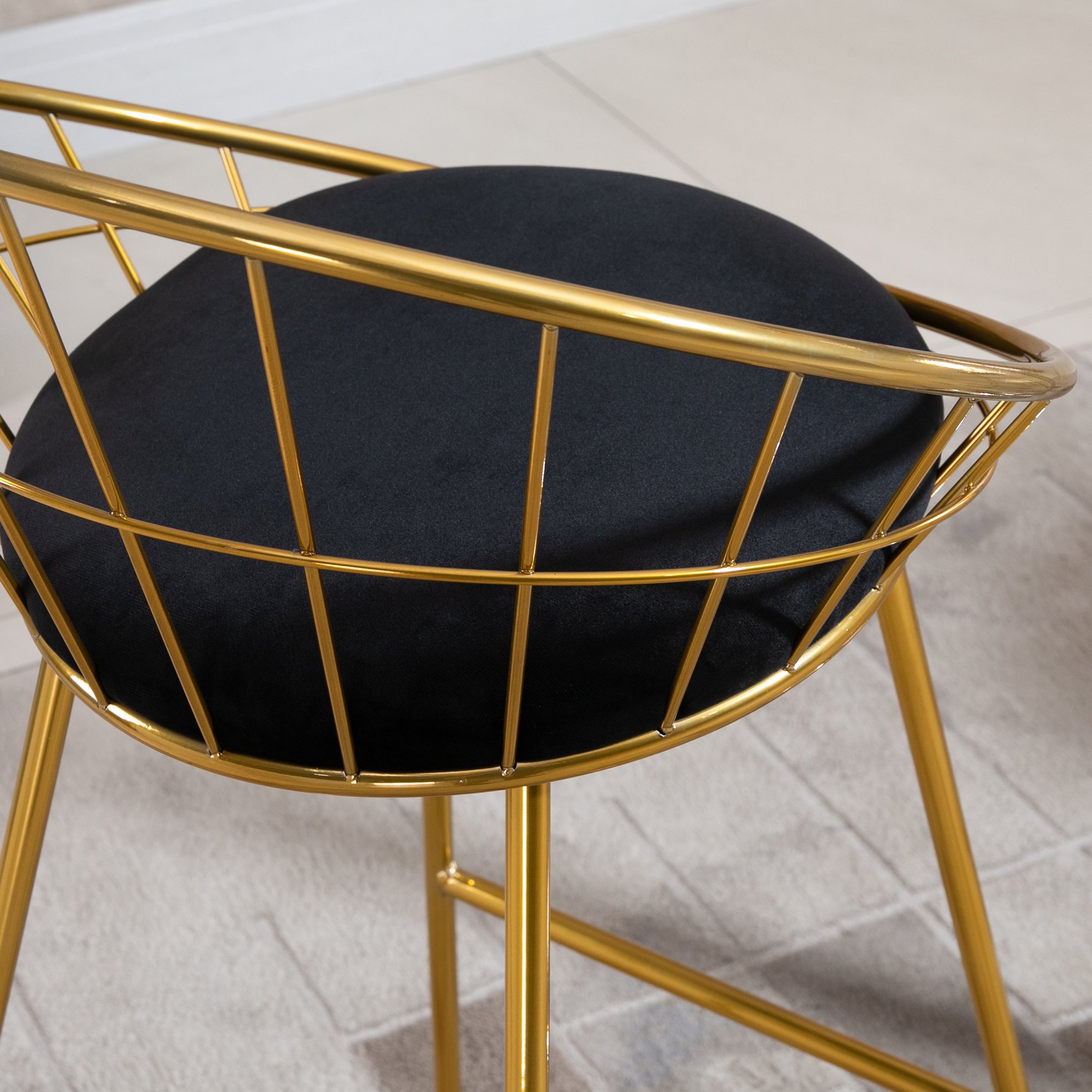  Set 2 Scaune Inalte, Suport pentru picioare, Perna de catifea, Poliester/Metal, 52.5x47x97cm, Negru/Auriu [8]