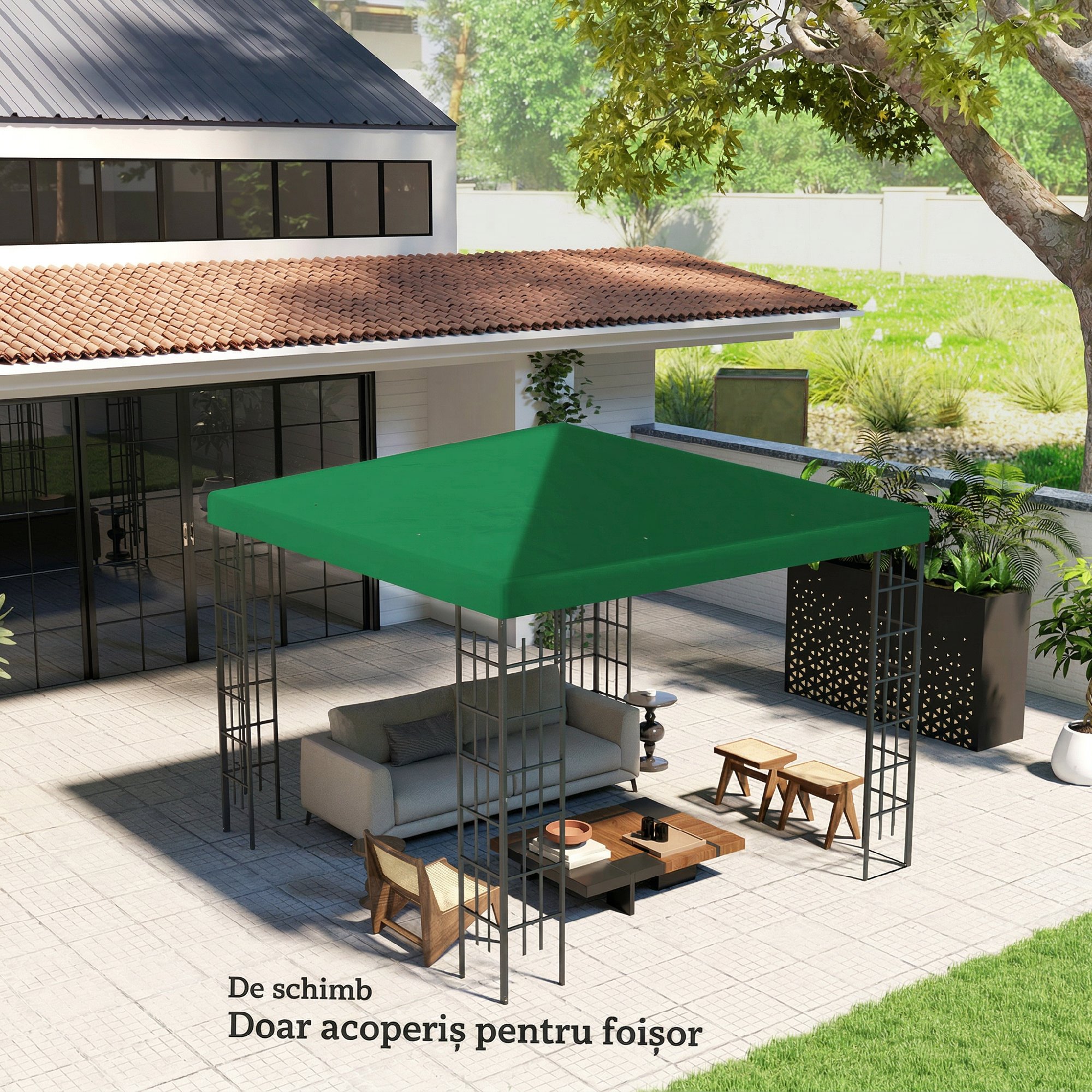  Acoperis pentru Foisor de Gradina 3x3 m din Material Textil Oxford 600D cu Orificii de Drenaj, Verde [6]