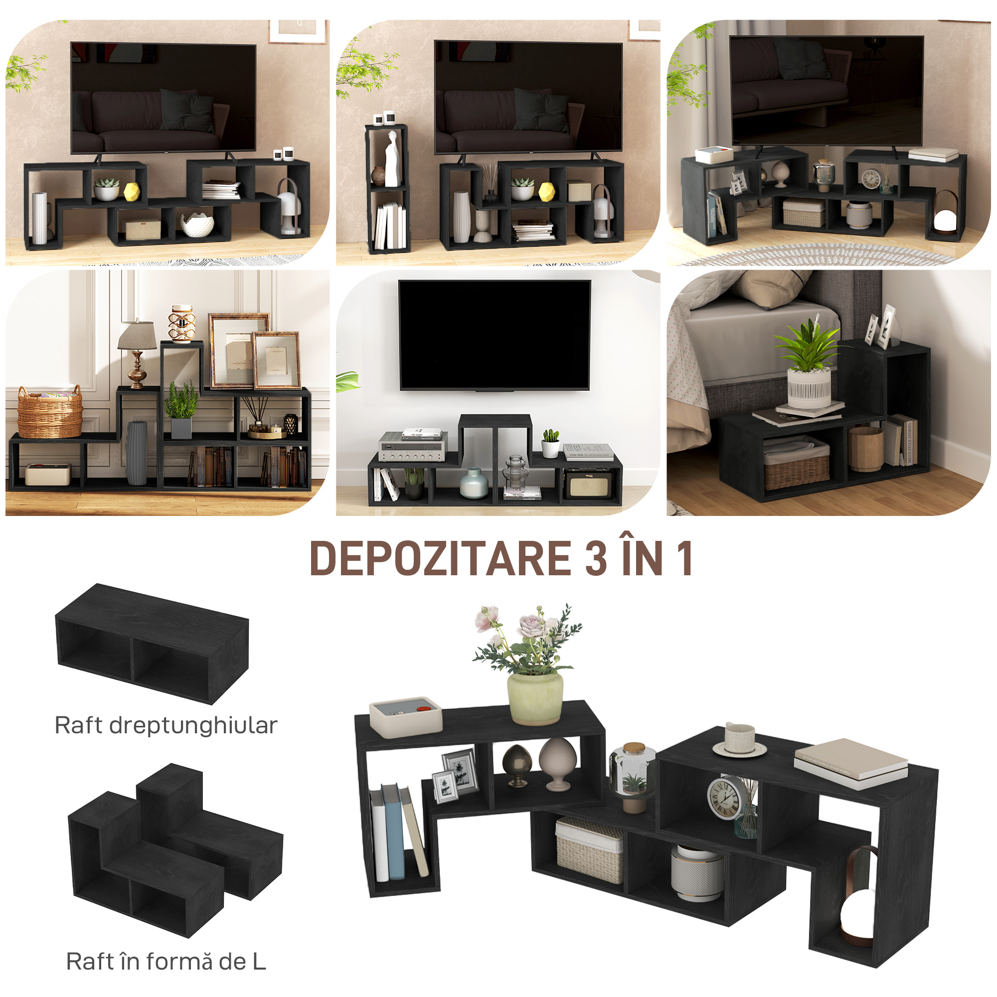  Mobilier TV modulabil pentru televizoare de pana la 75" cu 2 rafturi in forma de L si polita dreptunghiulara, din lemn, 134-180x30,5x44 cm, negru [4]