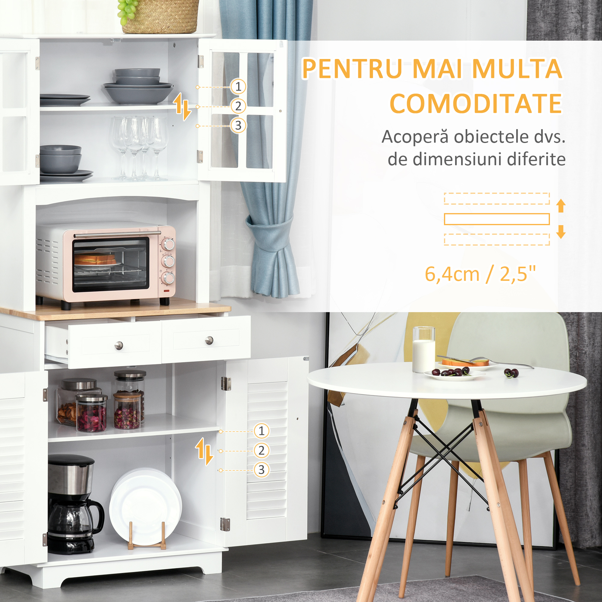  Bufet Bucatarie din Lemn Alb 68×39,5×170 cm, Dulap Spatios cu Rafturi Reglabile, 2 Sertare si Compartimente cu Usi [4]