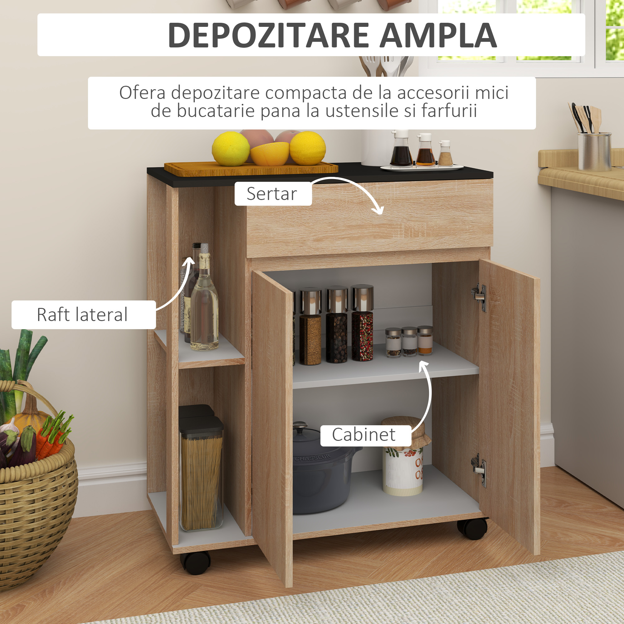  Dulapior Bucatarie - Lemn Stejar & Negru, Cu Sertare & Roti [3]