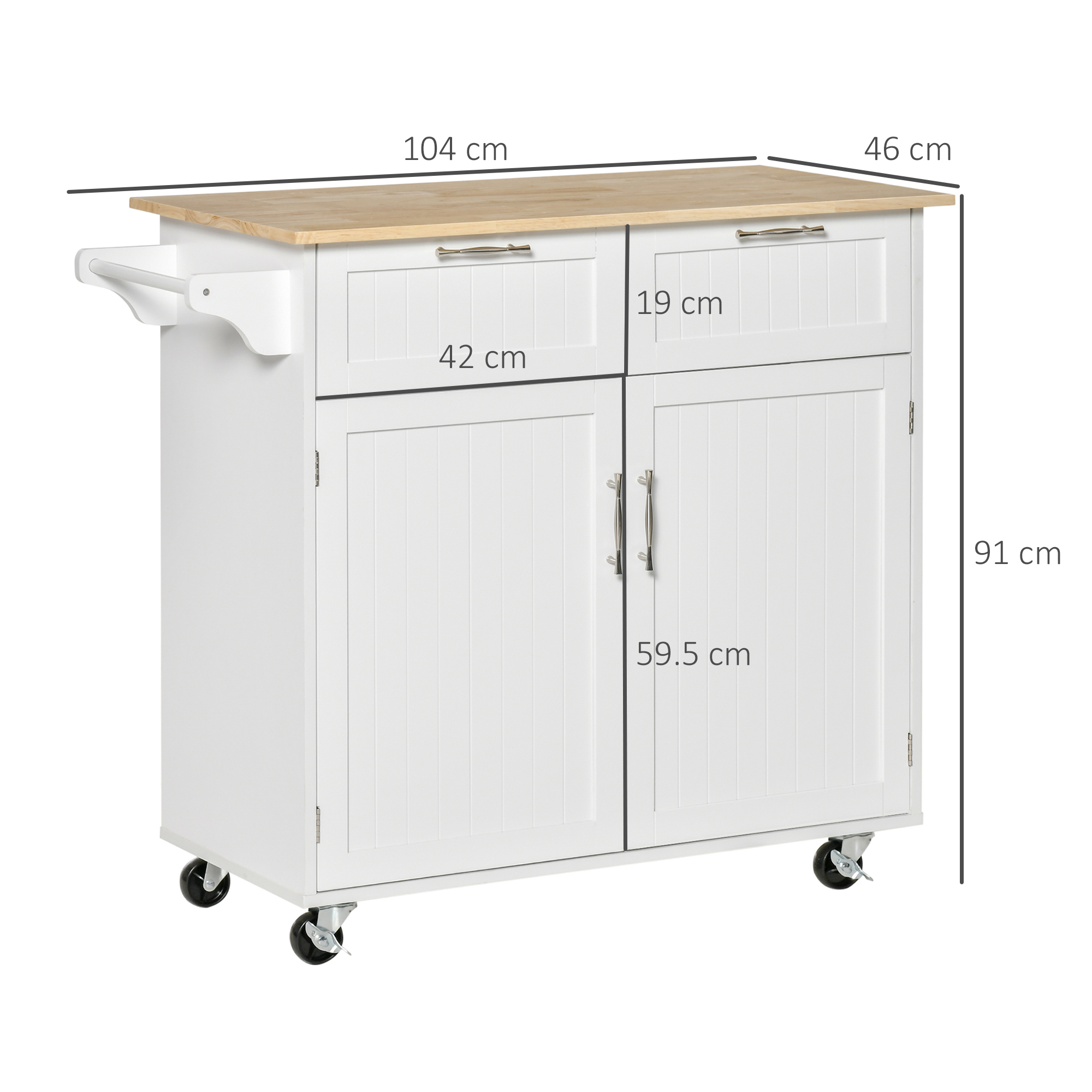  Carucior de Bucatarie Multifunctional cu 2 Sertare, Dulap si 4 Roti, 104x46x91cm - Alb [2]