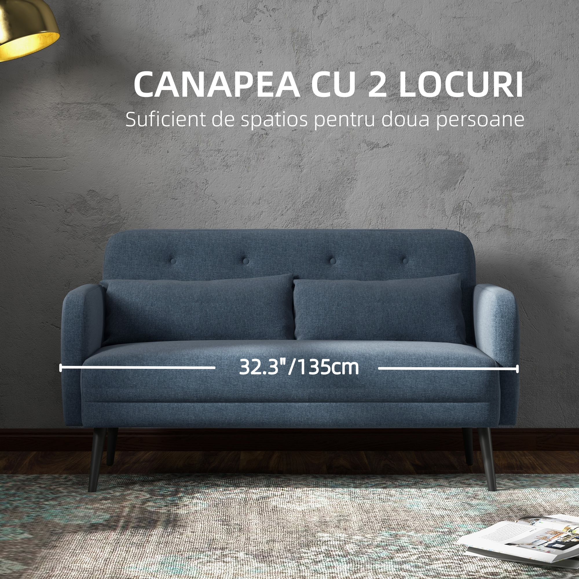  Canapea de 135cm pentru Dormitor, Mobilier Modern pentru Canapele cu Plus, Canapea Capitonata cu 2 Locuri cu Perne Decorative, Cadru din Lemn Masiv, Albastru Inchis [3]