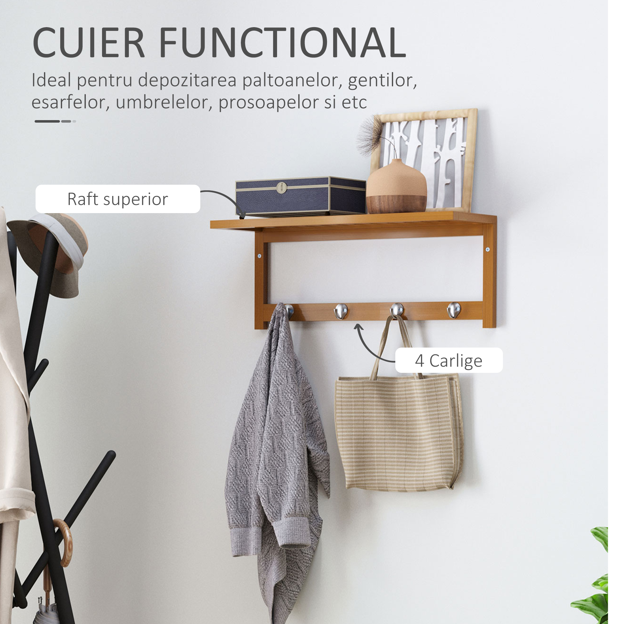  Cuier de Perete Raft Cuier in Bambù, 50x17x20cm [3]