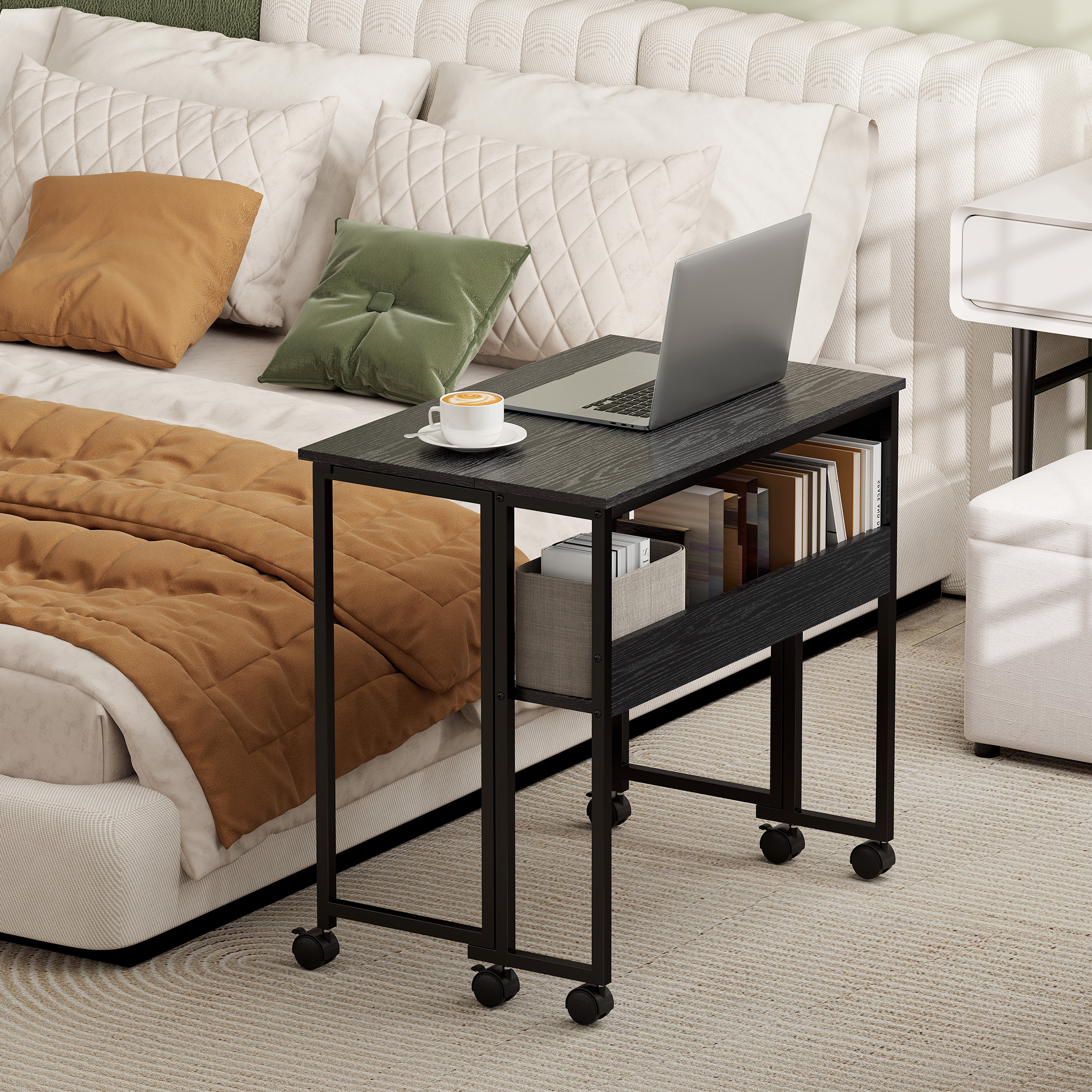  Birou Pliabil cu Blat Rabatabil, Raft, Buzunar si Roti, Negru [7]