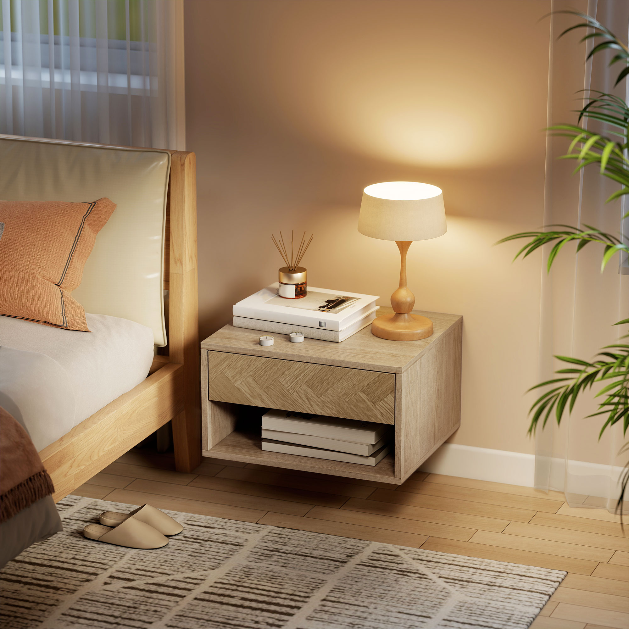  Set de 2 Noptiere Suspendate cu Sertar si Compartiment 37x32x21 cm Lemn Natural [6]