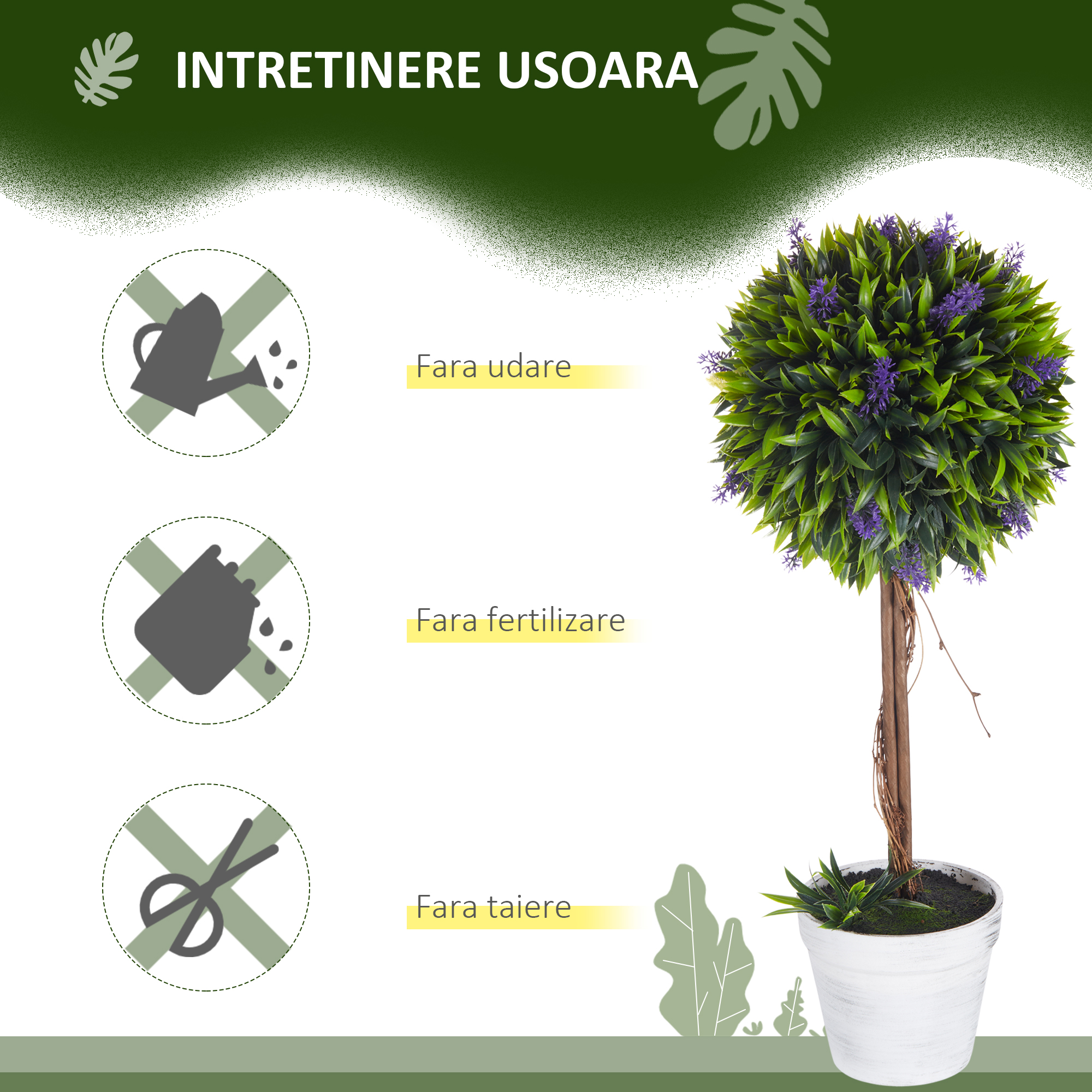  Set 2 Plante Artificiale Sferice cu Flori de Lavanda şi Vas, Ø24x60 cm, Verde [5]
