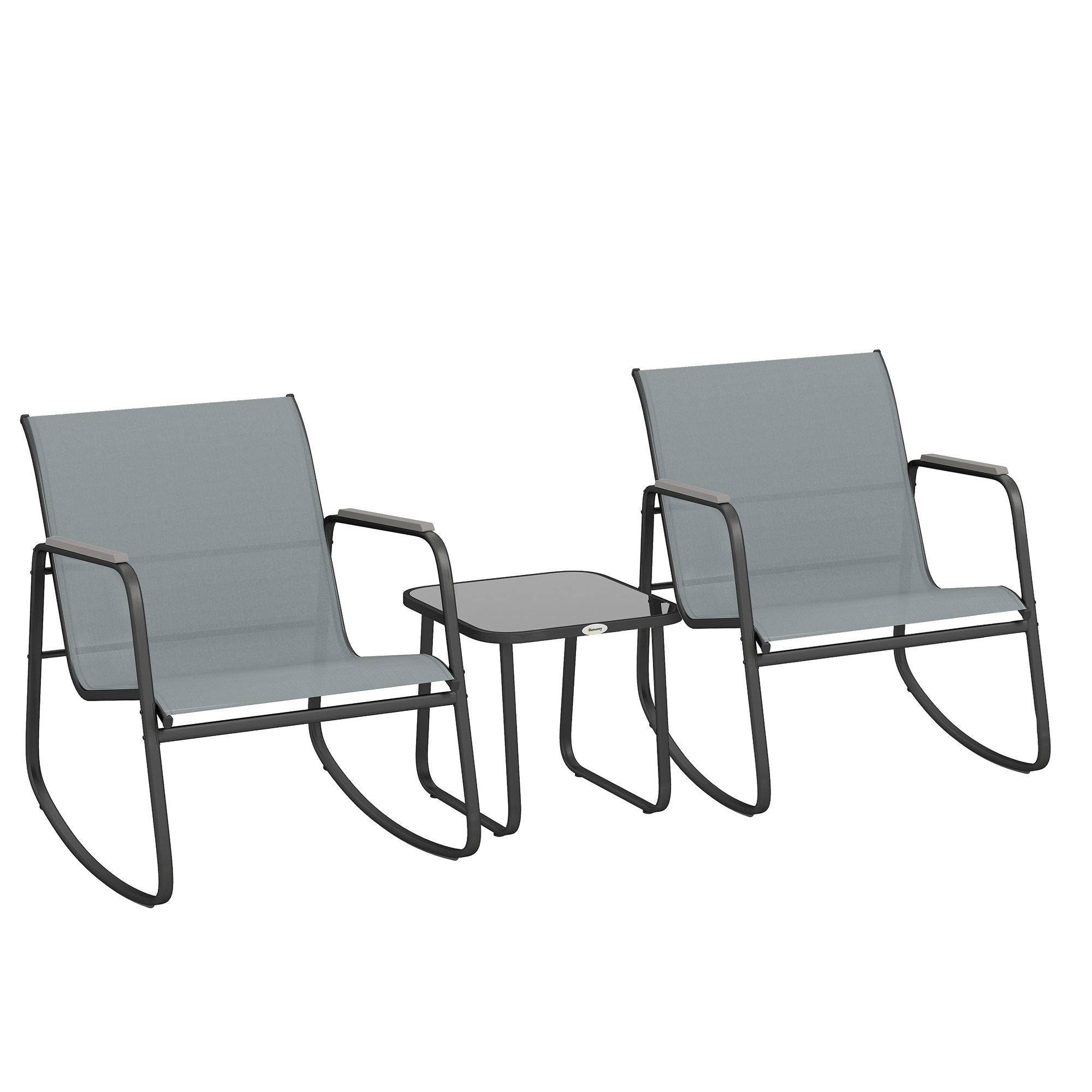 Gradina & balcon -  Set Bistro din 3 Piese, Set de Gradina cu 2 Scaune de Exterior cu Miscare de Leganare din Textilena Respirabila, Masa cu Blat din Sticla, Set Masa si Scaune din Otel pentru Terasa si Balcon, Gri