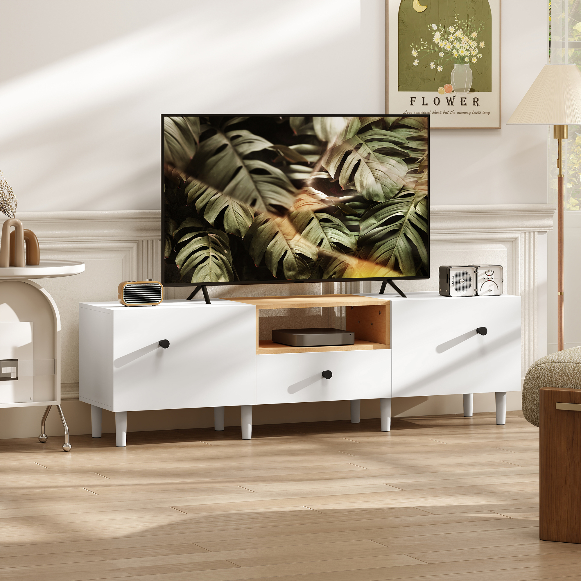  Mobilier TV, Suport TV pana la 70" cu 2 Usi Rabatabile, Balamale Soft Close, Sertar, Raft Deschis, 8 Picioare, 150x35x45 cm, Alb si Lemn [1]