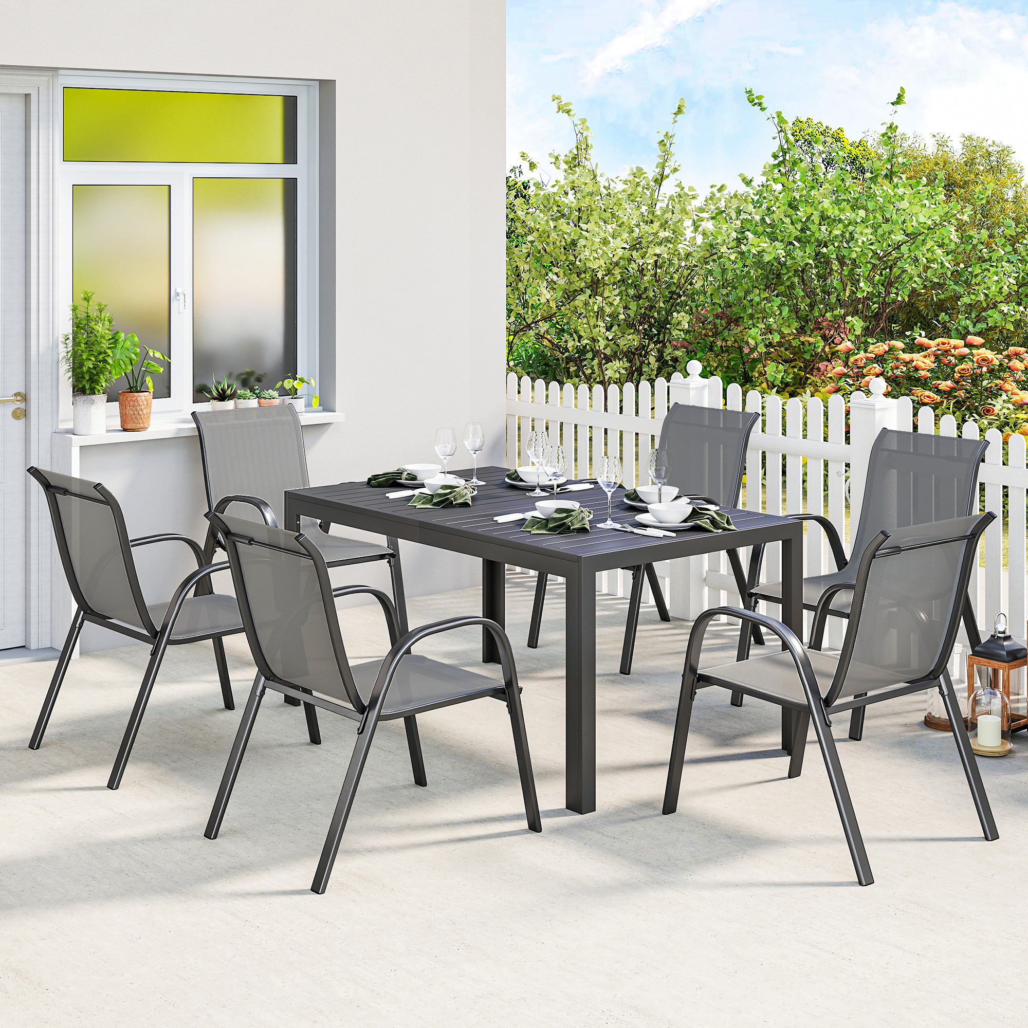  Set Masa si Scaune de Gradina 7 Piese, Set Pranz Exterior cu Masa Dreptunghiulara, 6 Scaune Stivuibile din Textilena, Set Mobilier de Gradina pentru Terasa, Balcon, Patio, Gri Deschis [1]