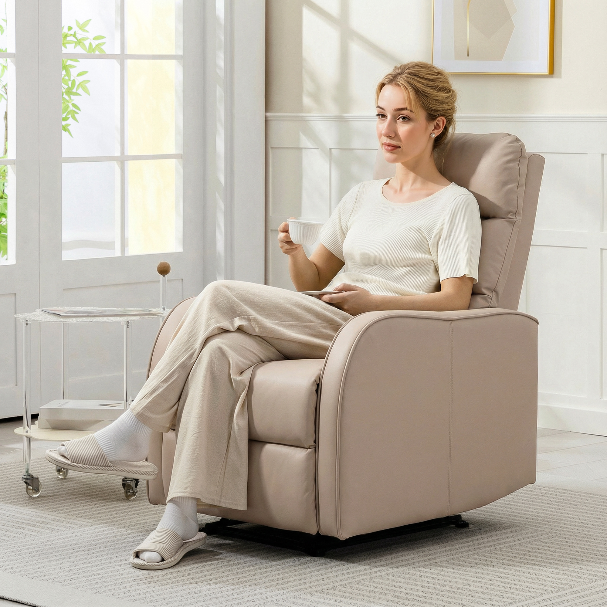  Fotoliu Reclinabil 160° cu Suport pentru Picioare, din Piele PU, Lemn si Otel, 65x89x100 cm, Maro Deschis [1]