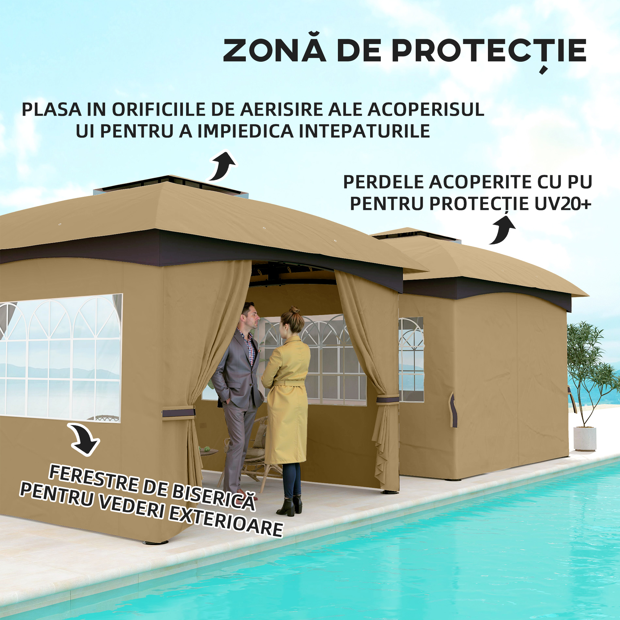  Foisor de Gradina 3.4x3.4m cu Pereti, Protectie UV si Acoperis pe 2 Niveluri, Bej [4]