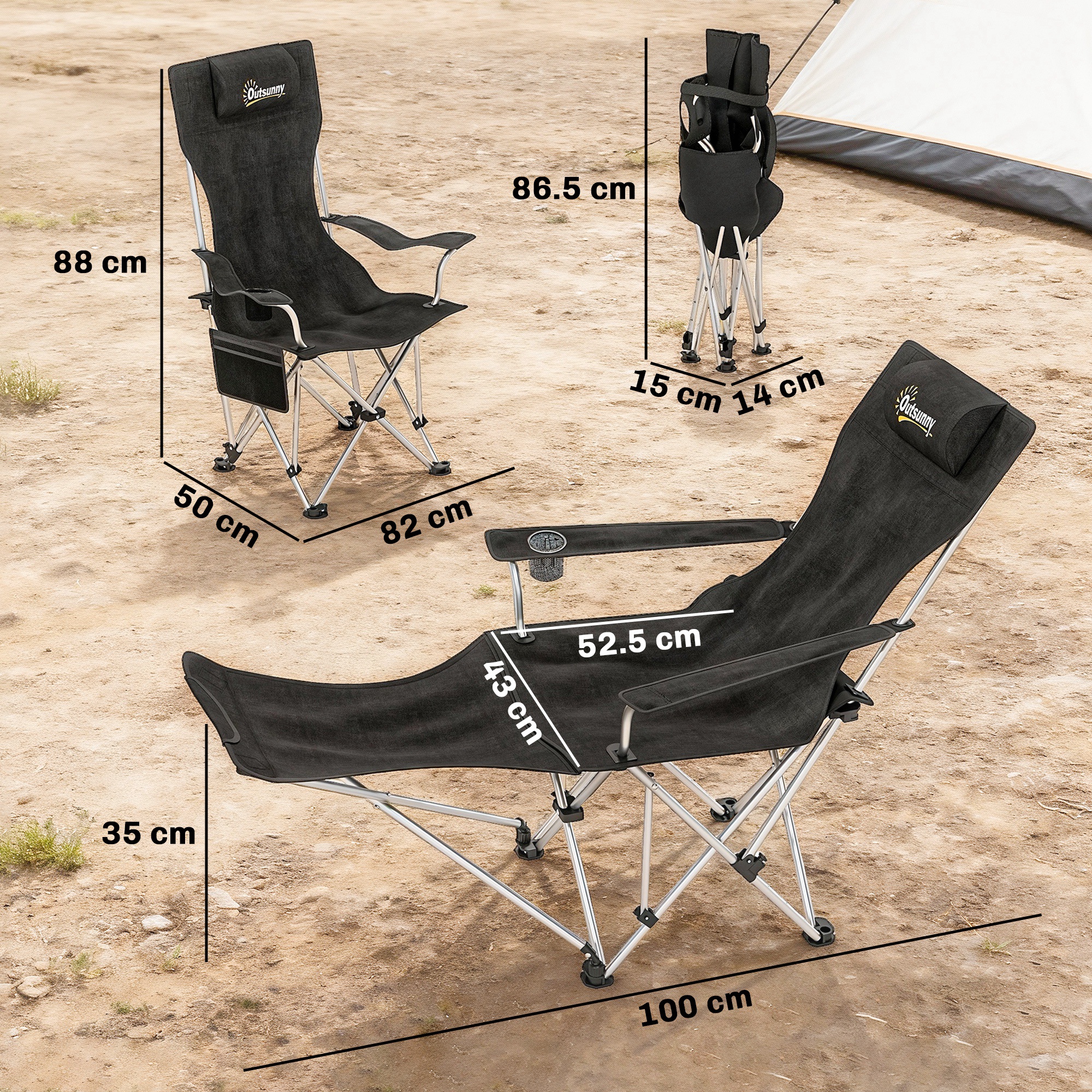  Set 2 Scaune de Camping Pliabile cu Suport pentru Picioare Detasabil si Suport pentru pahare, 82x50/100x88 cm, Negru [2]
