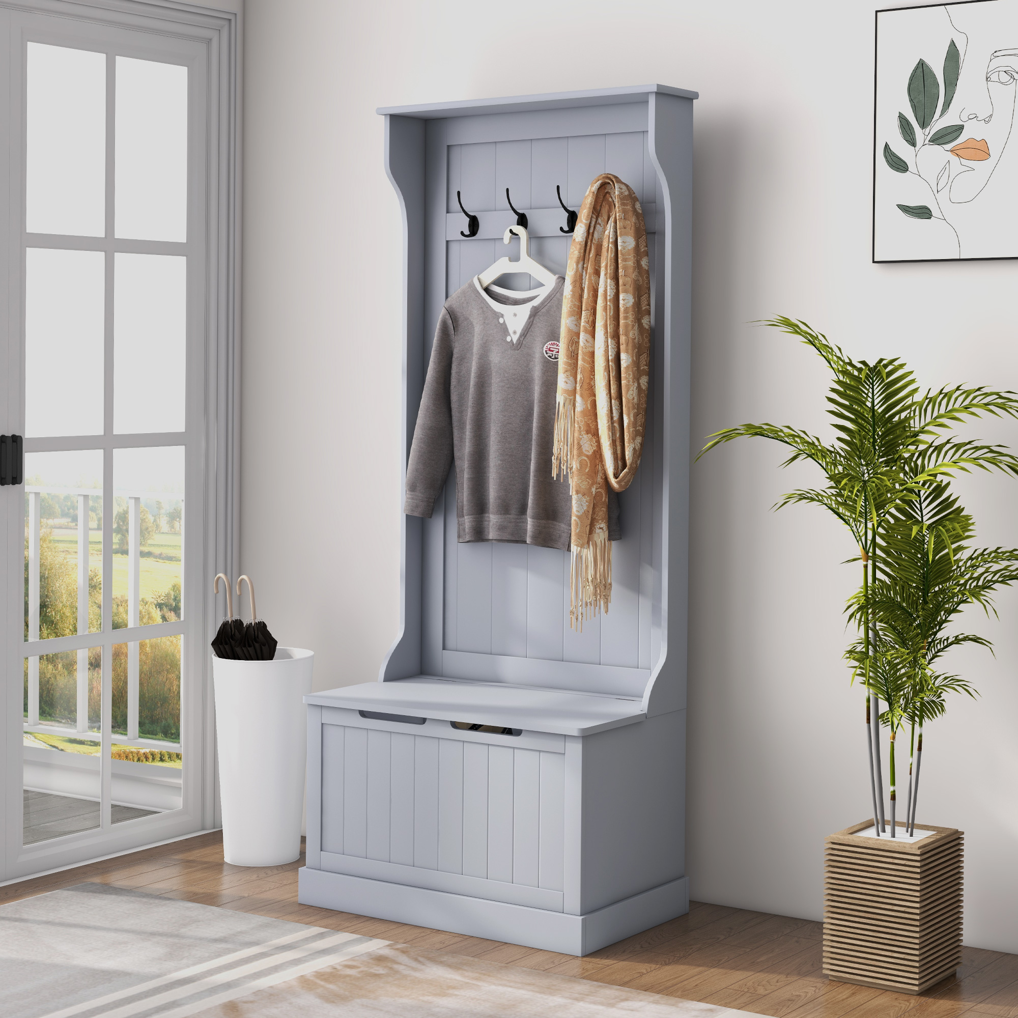  Cuier 3 in 1 cu 4 carlige si banca cu spatiu de depozitare, din lemn, 71,5x39,5x170 cm, gri [1]