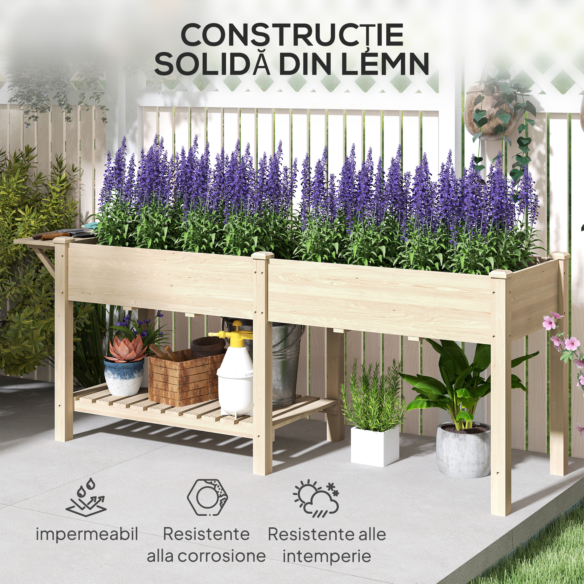  Jardiniera Ridicata cu Masuta Laterala si Raft pentru Unelte Inferior, din Lemn de Molid, 207x59x78 cm [7]