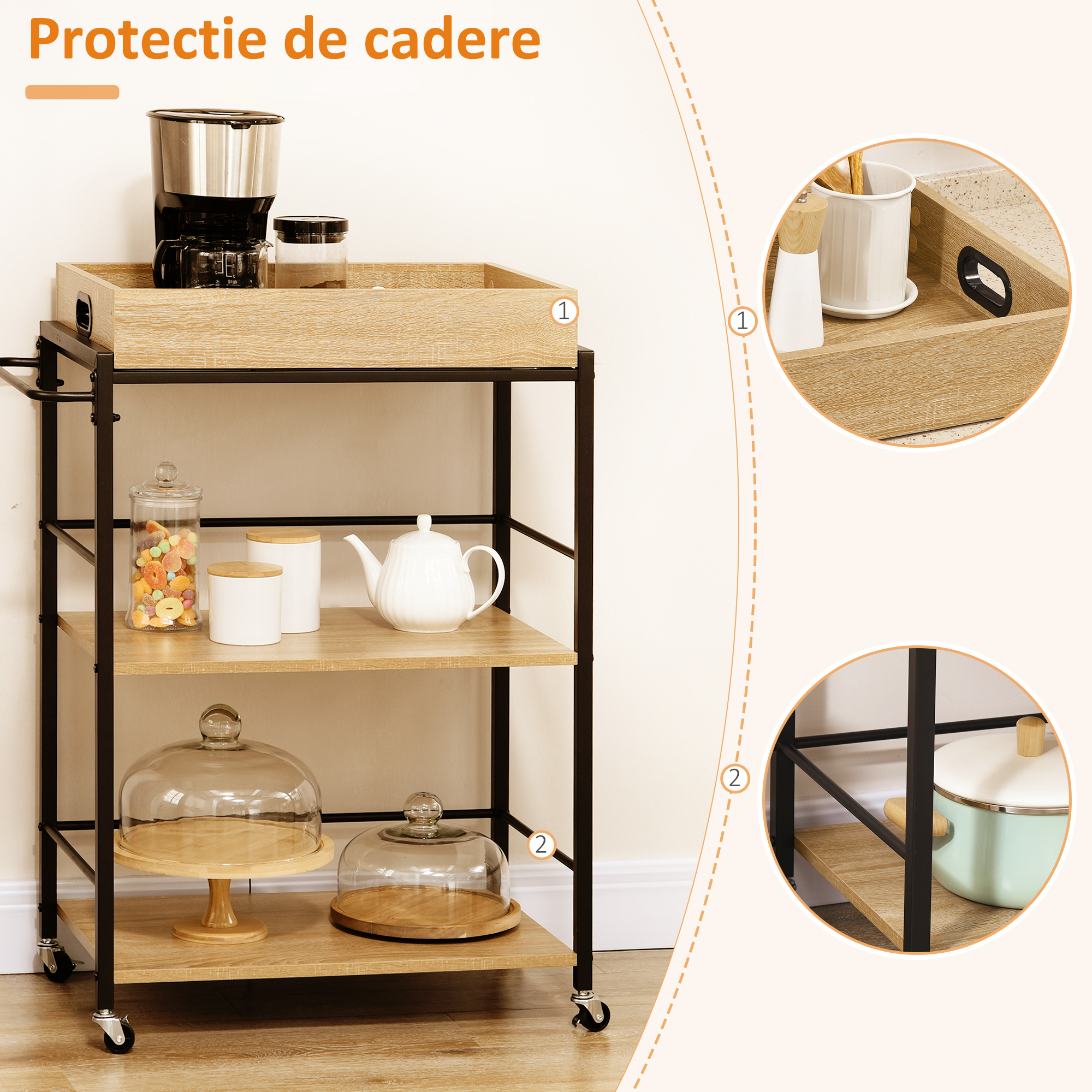  Carucior de bucatarie cu 3 rafturi si tava detasabila e roti mobile, carucior de bucatarie in stil industrial 65x40x86cm, lemn si negru [6]