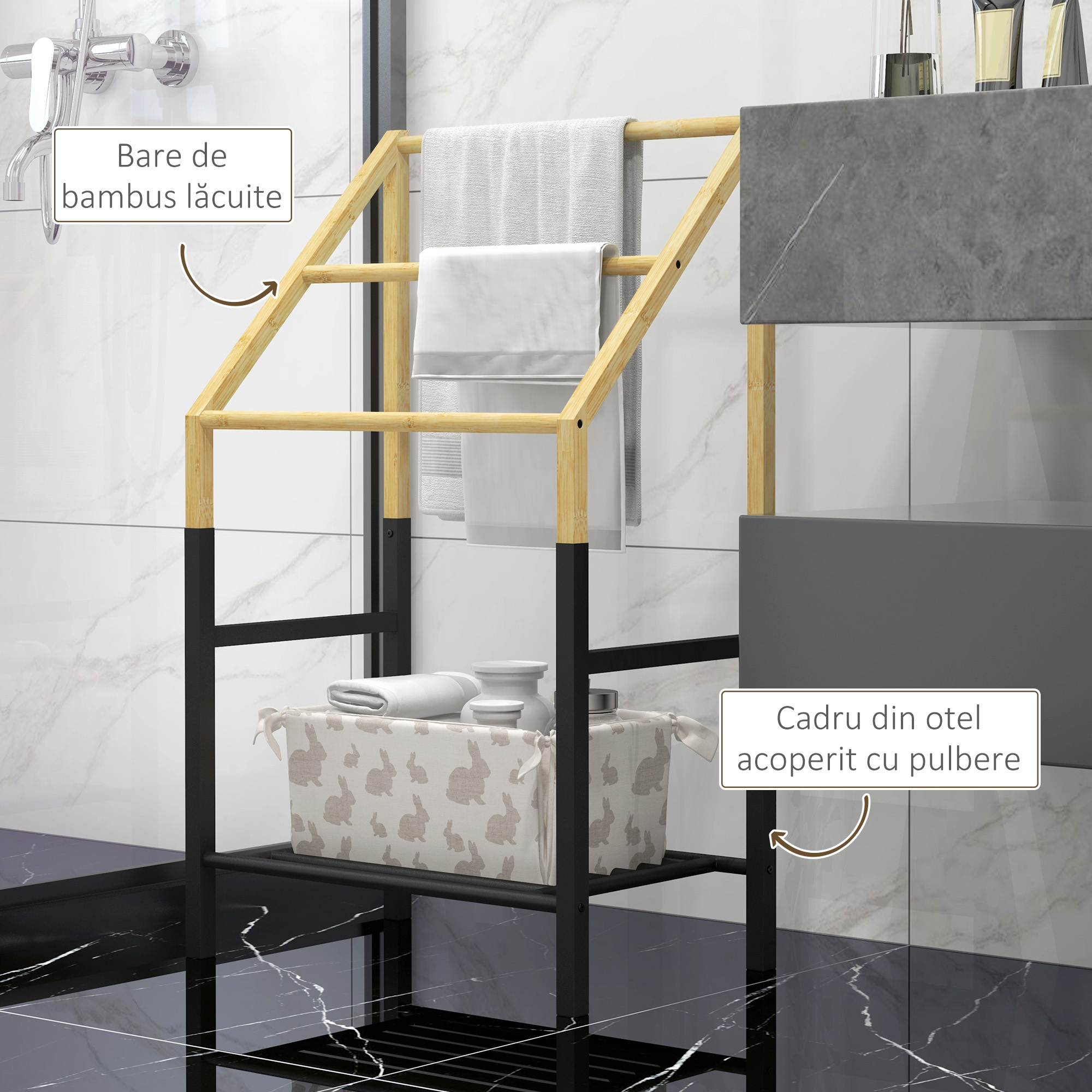  Suport Prosoape Podea - Negru, cu 3 Bare & Raft Inferior [4]