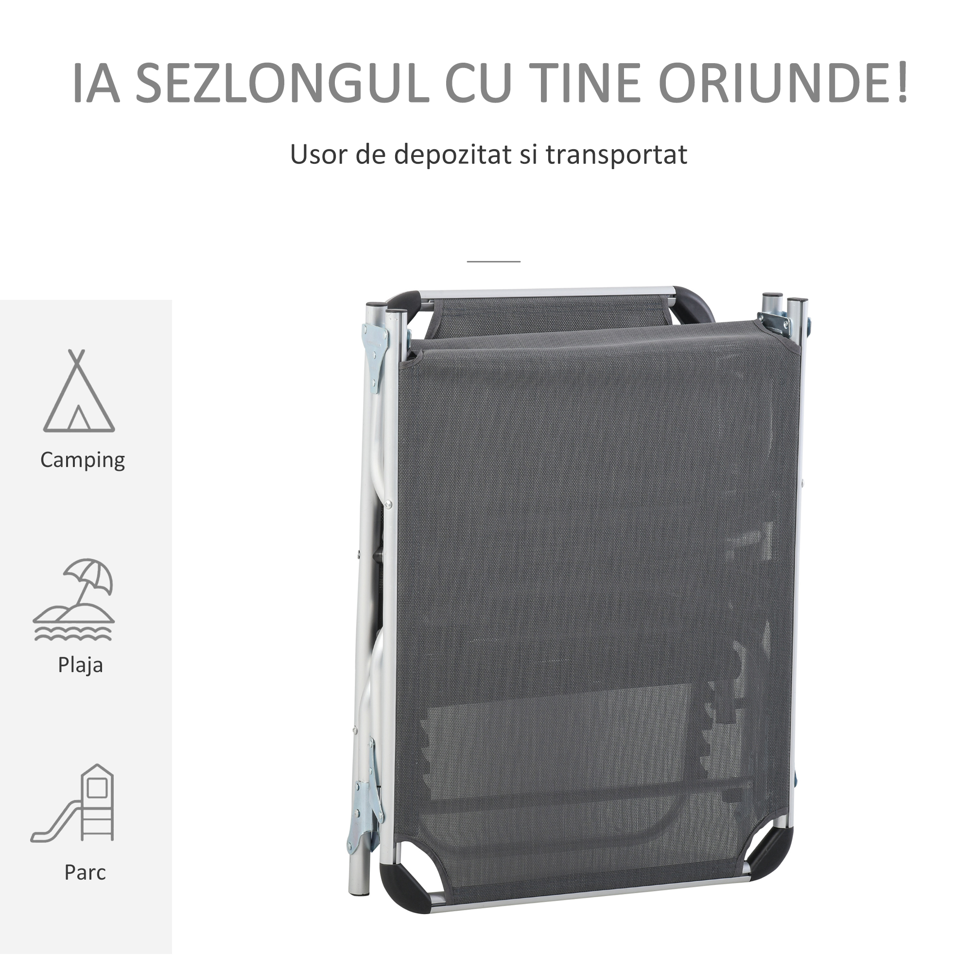  sezlong Pliabil cu Tetiera si Spatar Reglabil din Aluminiu 60x165x76cm Gri [4]