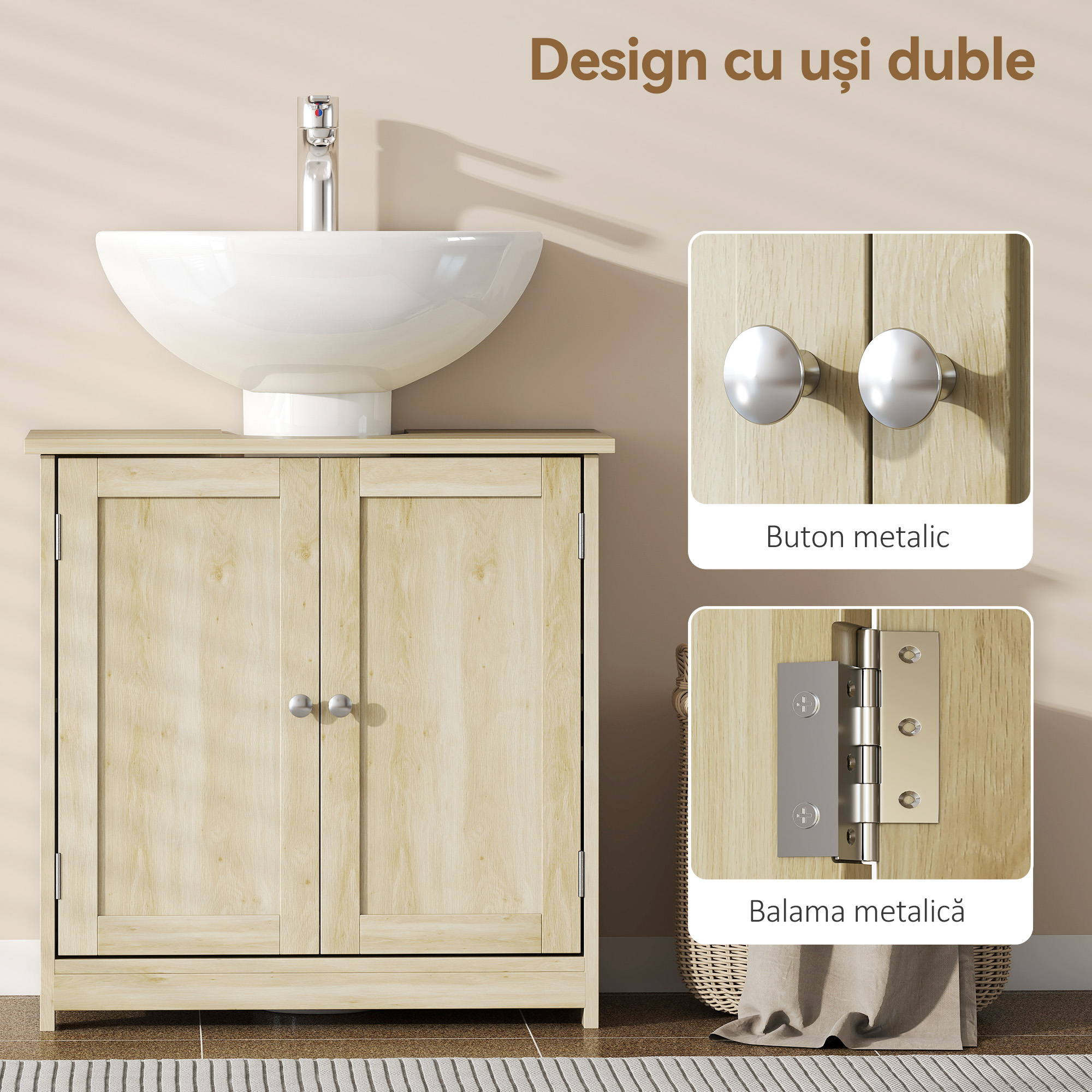  Dulap Sub Chiuveta cu 2 Usi si Raft Reglabil, Dulap de Baie Spatios cu Decupaj in Forma de U, 60x30x60 cm, Alb [6]