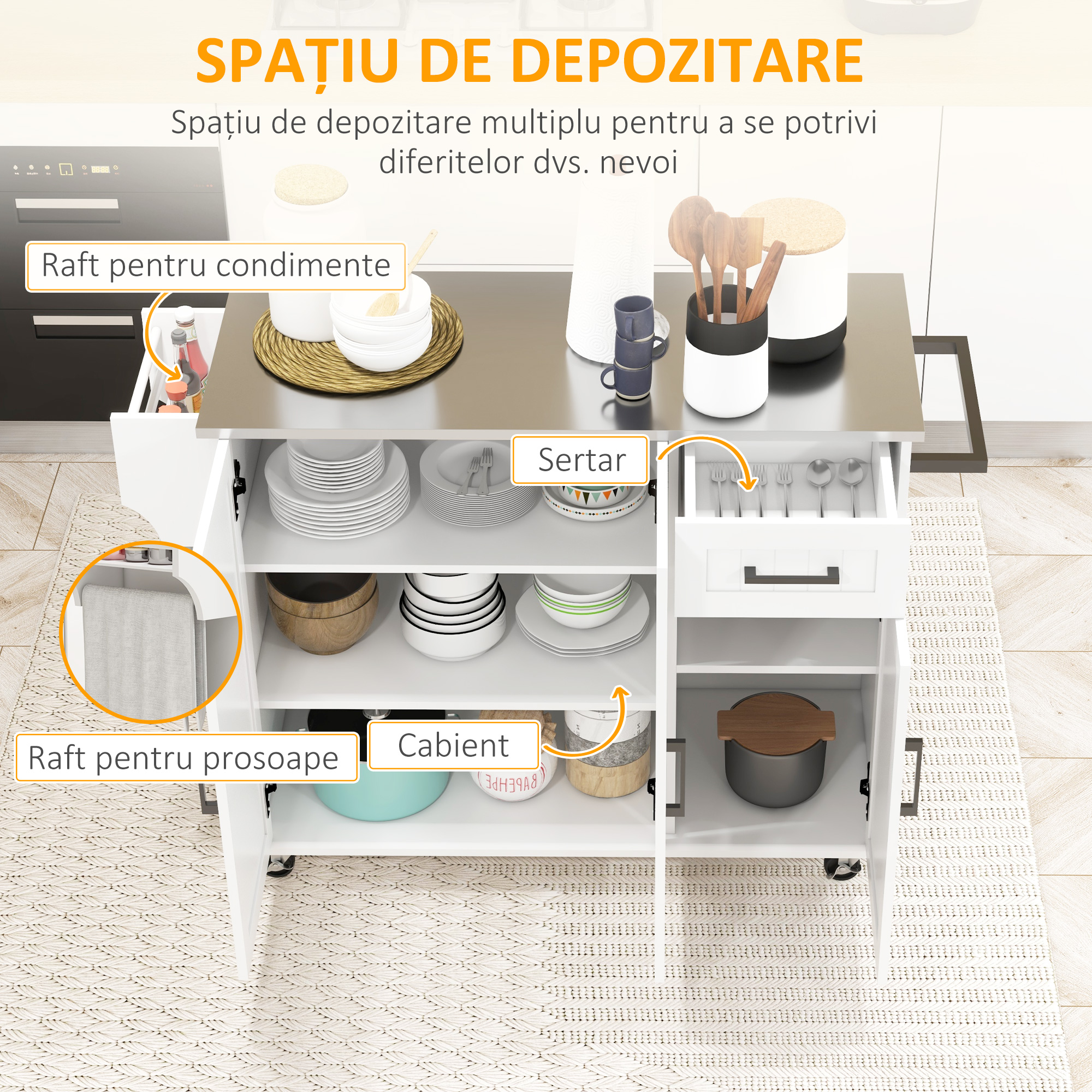  Insula de Bucatarie cu Sertar, Dulap si 2 Rafturi Deschise, din MDF si Otel Inoxidabil, 128x45,5x91,5 cm [3]