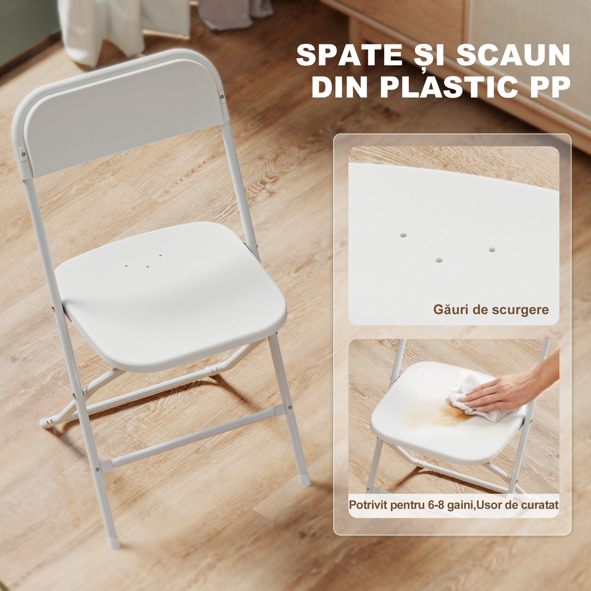  Set de 6 Scaune Pliabile din PP cu Orificii de Drenaj, Scaune Economice Portabile din Otel, Scaun Pliabil pentru Interior, Casa, Birou, Bucatarie, Evenimente, 45x49x79,5 cm, Alb [4]