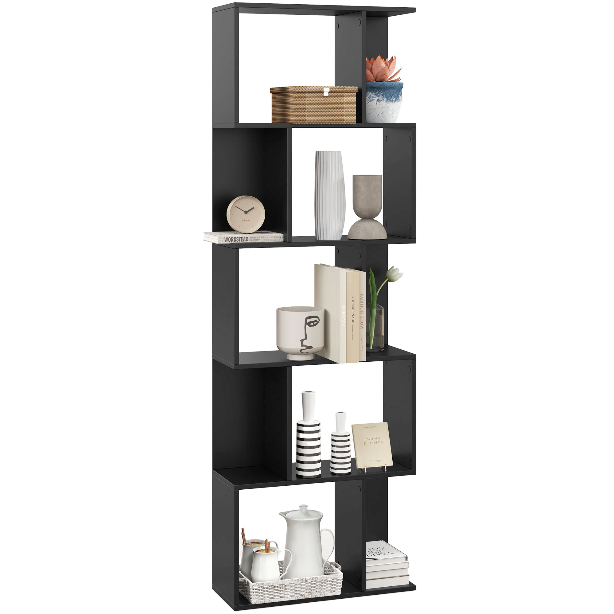 Living & hol -  Biblioteca cu 5 Rafturi Divizate in Forma de S din Lemn, 60x24x184.5 cm, Negru
