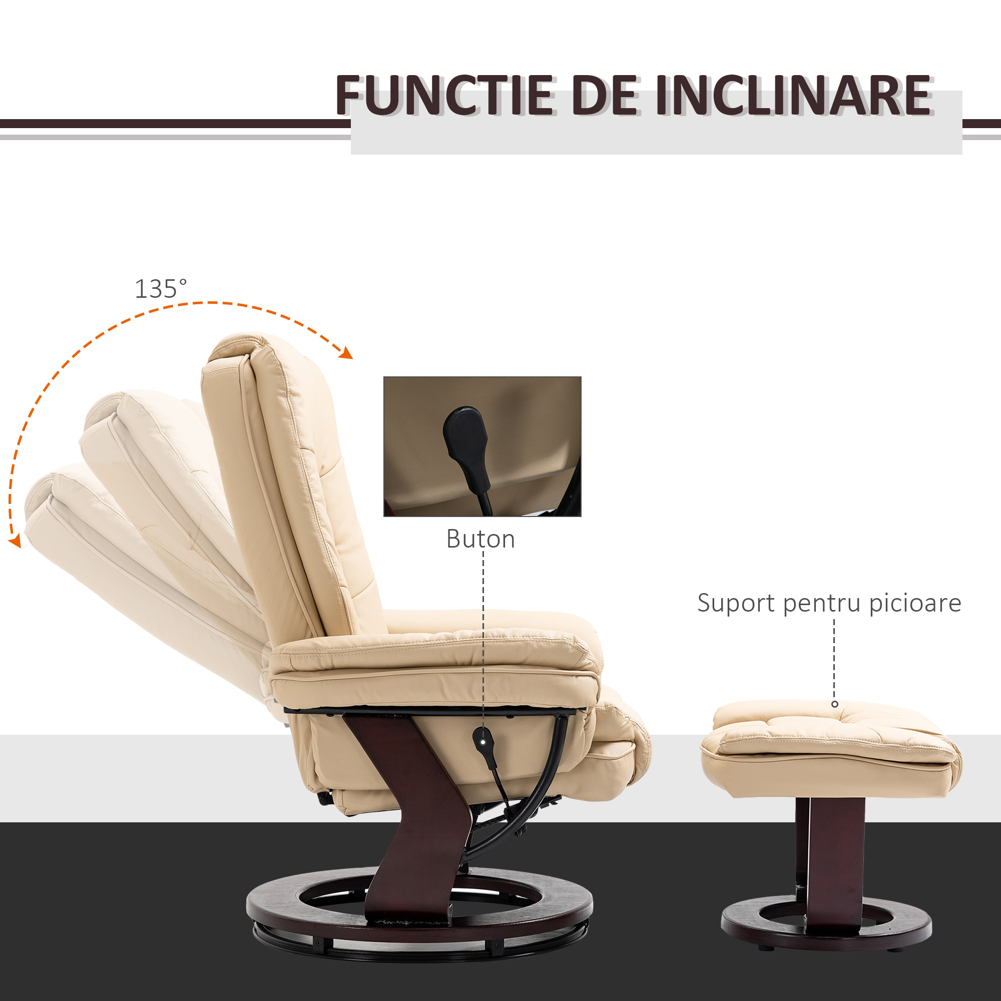  Set Fotoliu Relax & Pouf - Reclinabil, Rotativ 360° PU Bej [3]