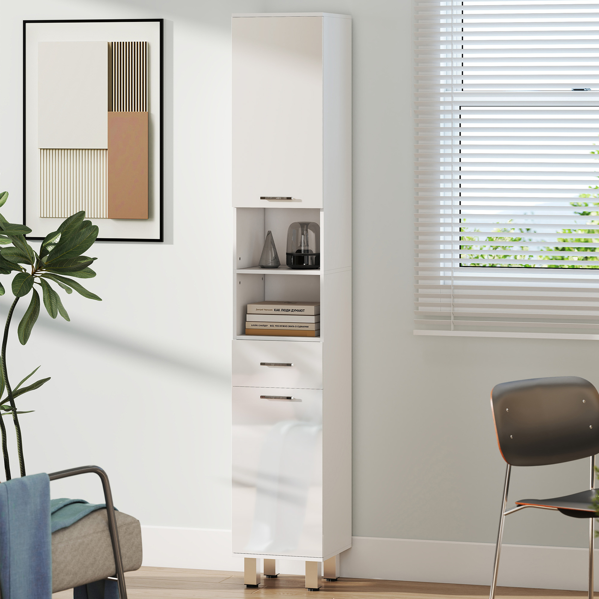  Mobilier pentru Baie cu 1 Sertar 3 Rafturi Ajustabile si 2 Dulapuri, 30x30x180 cm, Alb Lucios [6]