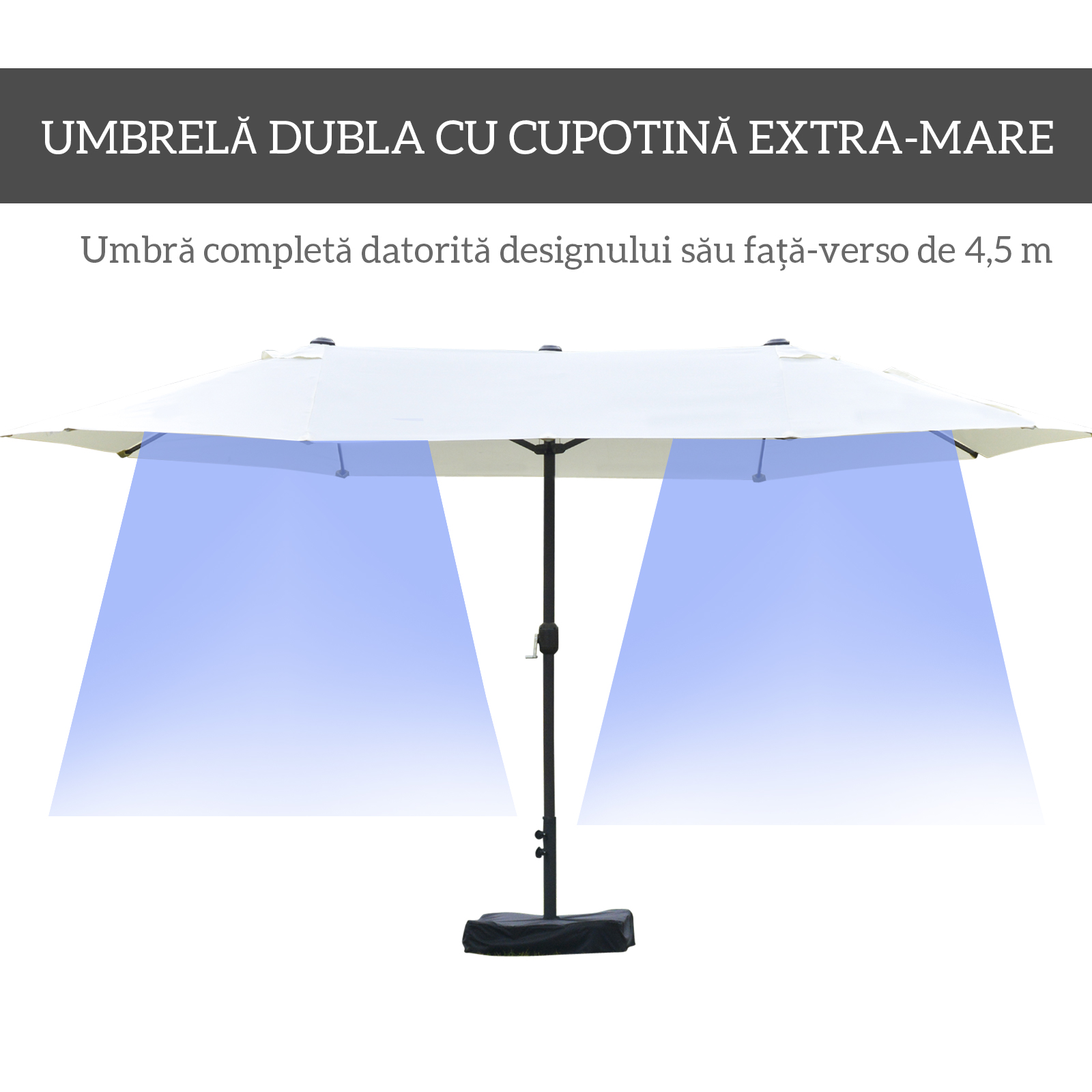  Umbrela Dubla cu 12 Spite, Baza in Cruce si Manivela, din Otel si Poliester, 455x265x238 cm, Bej [3]