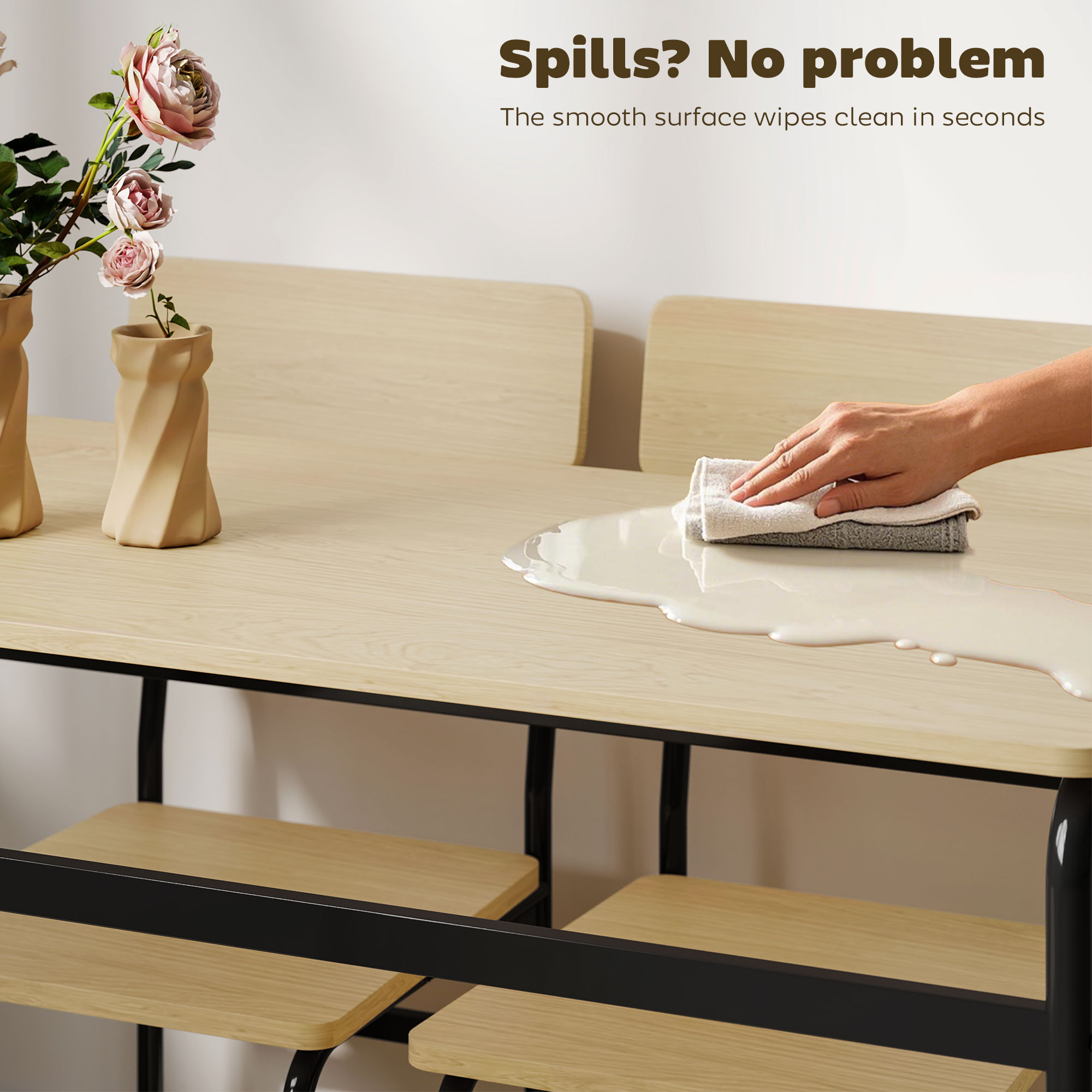  Set de Masa Rectangulara si 4 Scaune, Negru si Culoare Lemn [5]