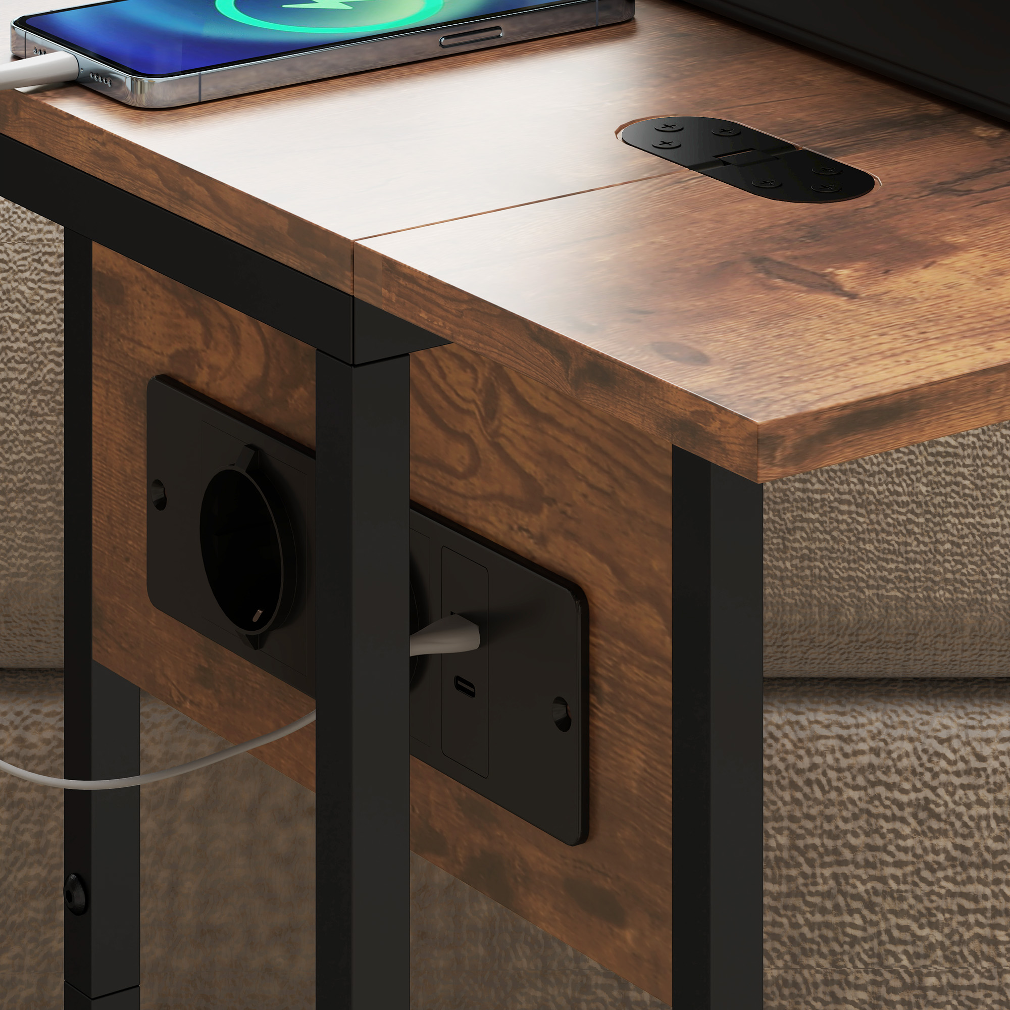  Masa de cafea extensibila in forma de C cu 2 statii de incarcare, din lemn si metal, 39x29x57 cm, negru si maro [8]