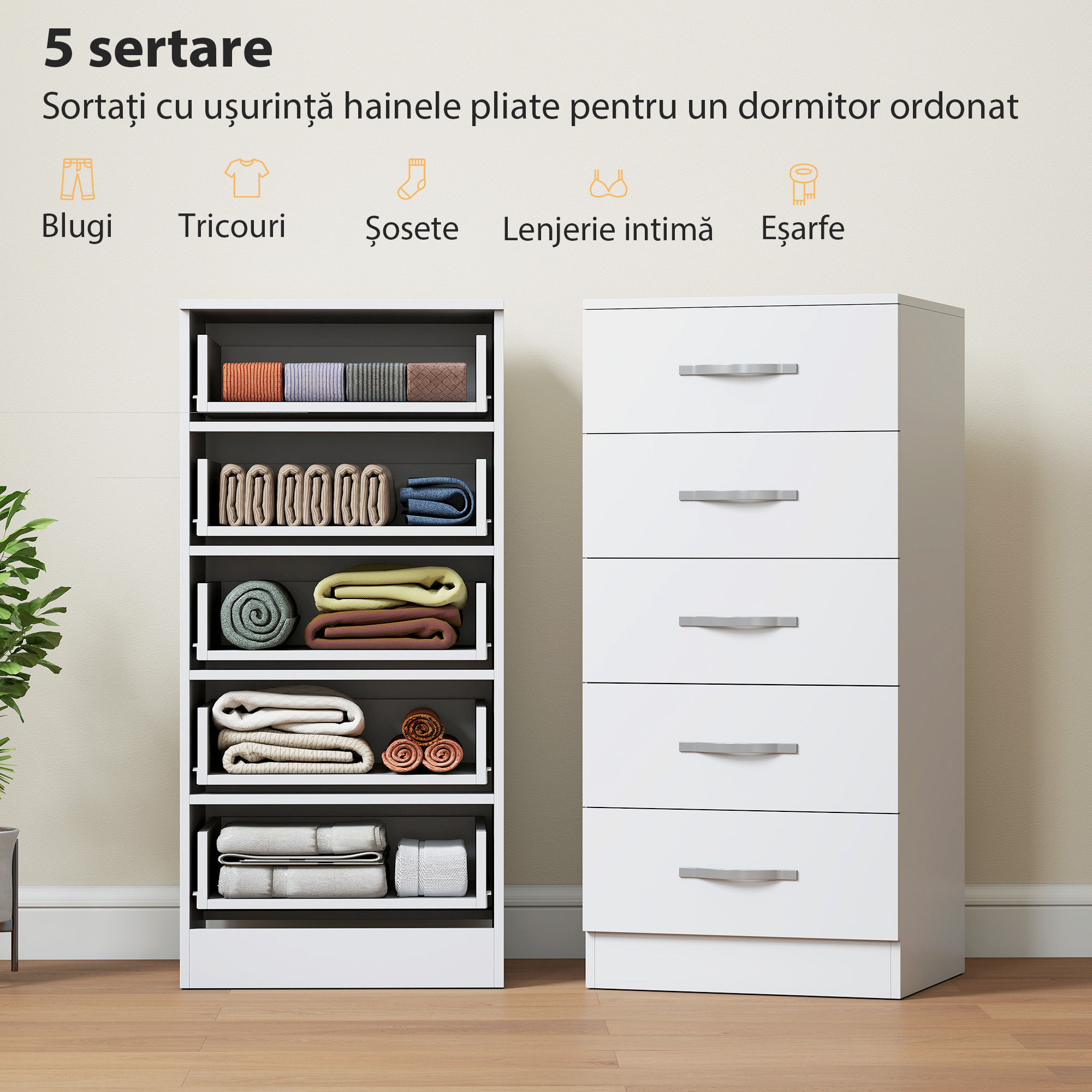  Comoda cu 5 Sertare, Design Modern, Slim, cu Manere Argintii, Ideala pentru Dormitor, Camera, Hol sau Living, Dimensiuni 40x35x85 cm, Alb [3]