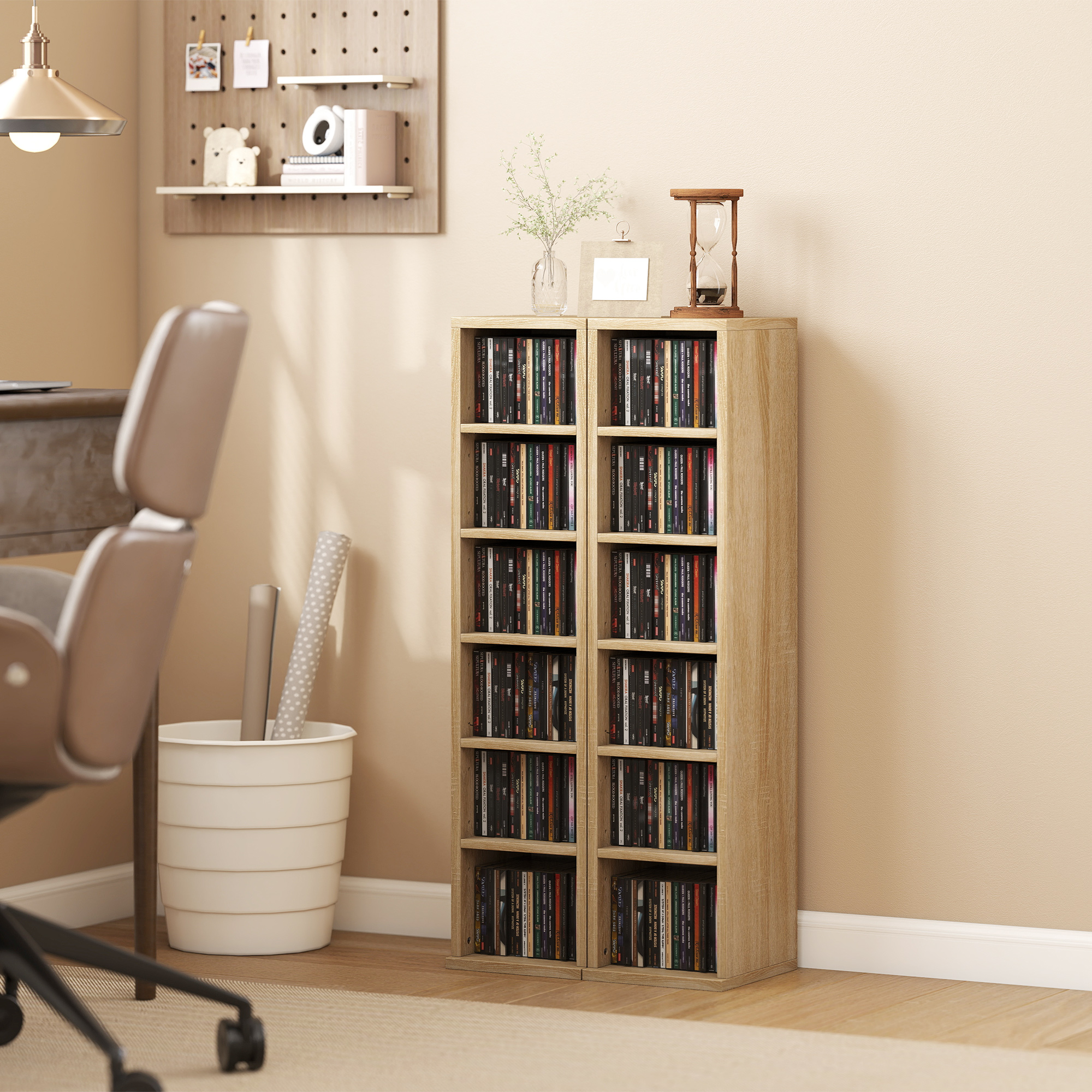  Set de 2 Rafturi pentru CD-uri cu Polite Reglabile, Capacitate 204 CD-uri, Design Compact, 21x22,5x88,5 cm, Stejar [1]